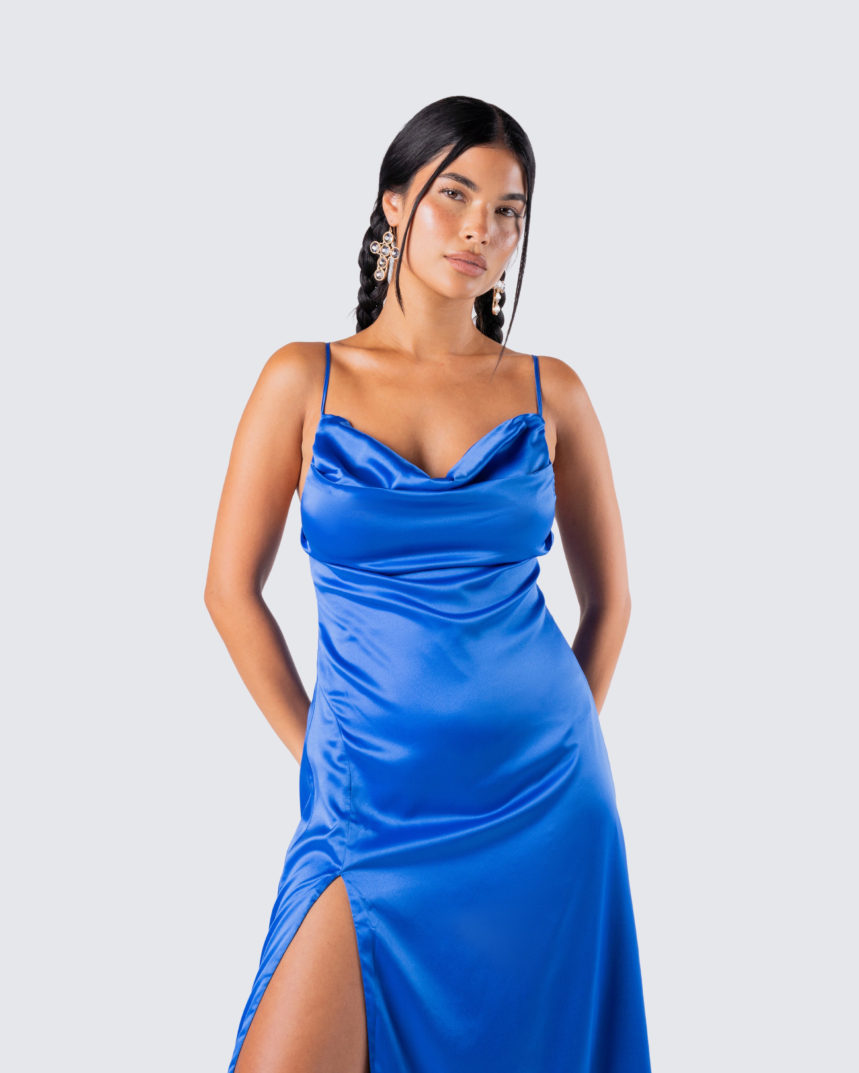 Blue satin midi dress deals