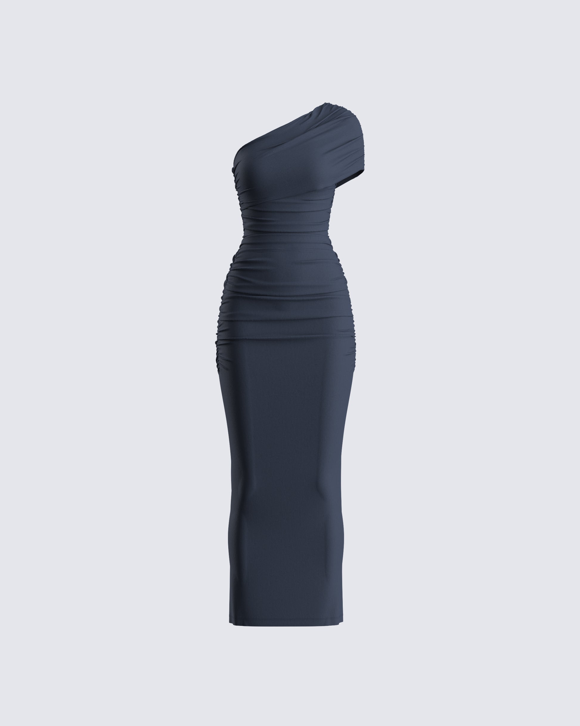Navy One Shoulder Midi Dress - Ruched Bodycon Evening FINESSE Navy One Shoulder Midi Dress - Ruched Bodycon Evening FINESSE