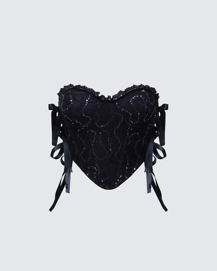 Cinday Black Sequin Side Tie Corset product front