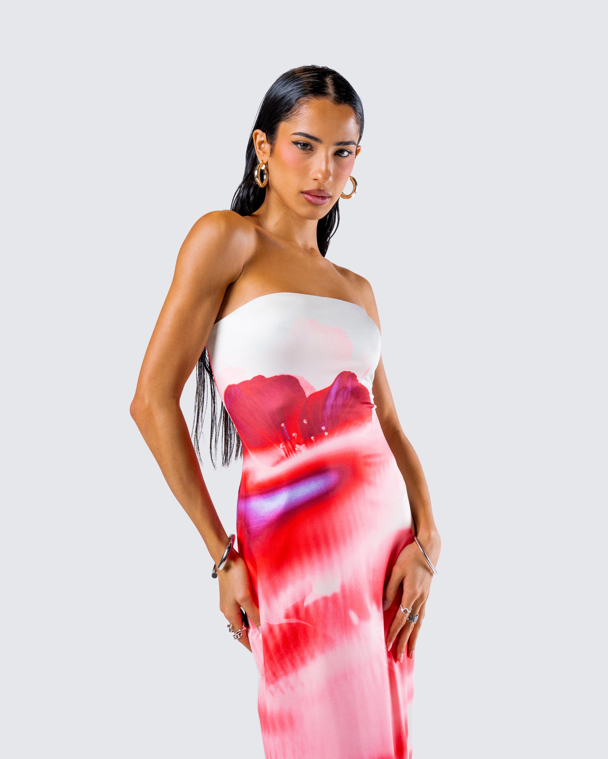 Red Tie Dye Strapless Maxi Dress - Bodycon Tube Top FINESSE Red Tie Dye Strapless Maxi Dress - Bodycon Tube Top FINESSE