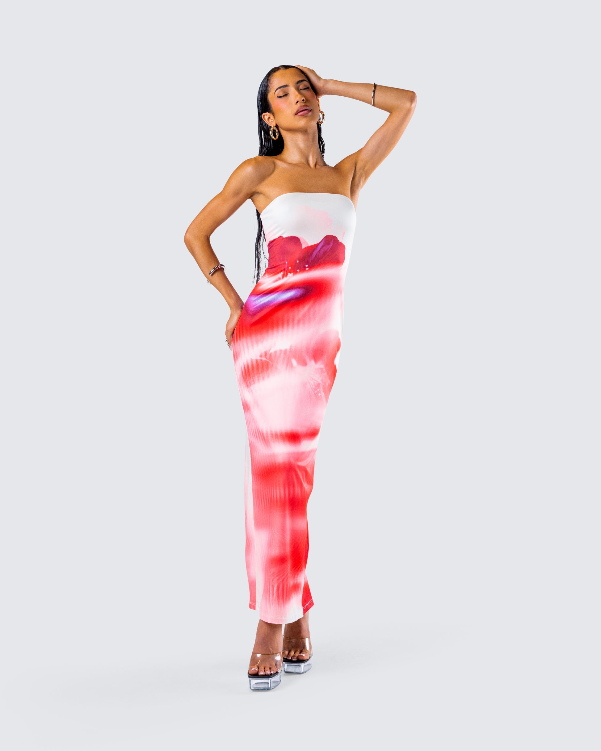 Red Tie Dye Strapless Maxi Dress - Bodycon Tube Top FINESSE Red Tie Dye Strapless Maxi Dress - Bodycon Tube Top FINESSE