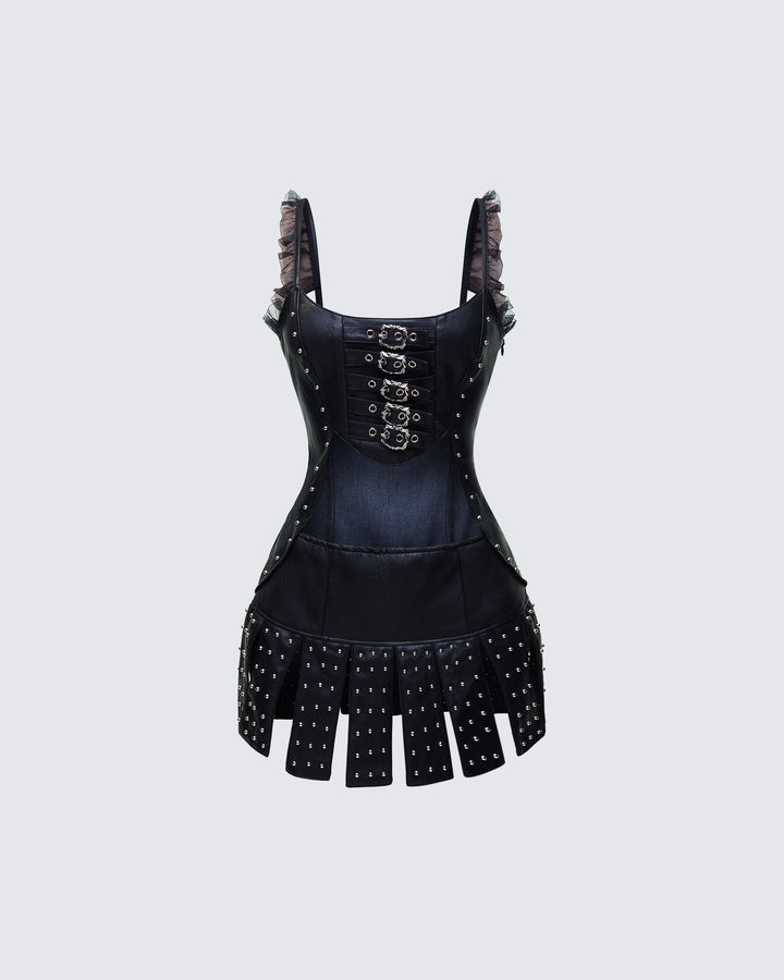 Black Vegan Leather Corset Mini Dress - Studded Buckle FINESSE Black Vegan Leather Corset Mini Dress - Studded Buckle FINESSE