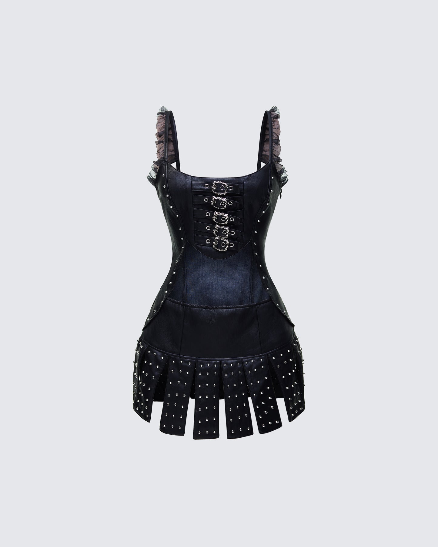 Black Vegan Leather Corset Mini Dress - Studded Buckle FINESSE Black Vegan Leather Corset Mini Dress - Studded Buckle FINESSE