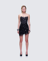 Clarisse Black Hand Beaded Rhinestone Dress