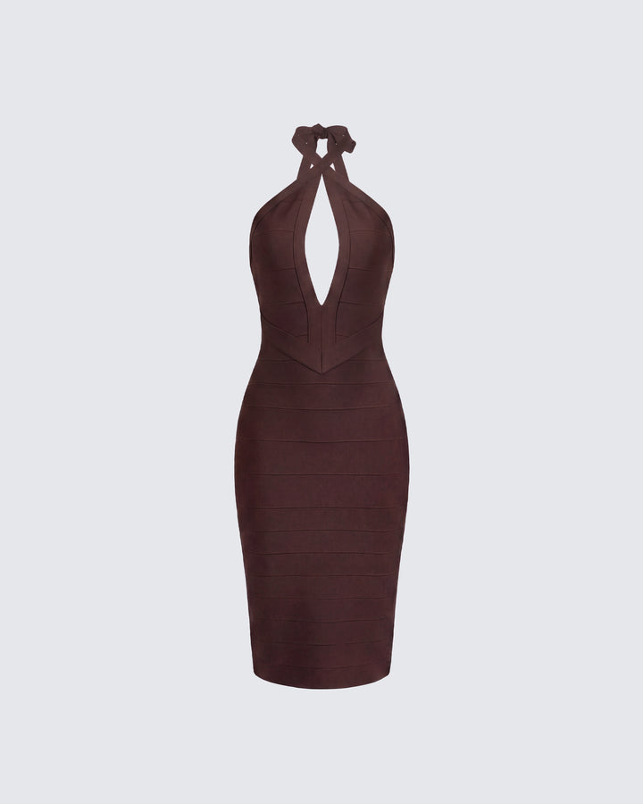 Cleo Brown Halter Strap Bandage Jersey Pencil Dress product front