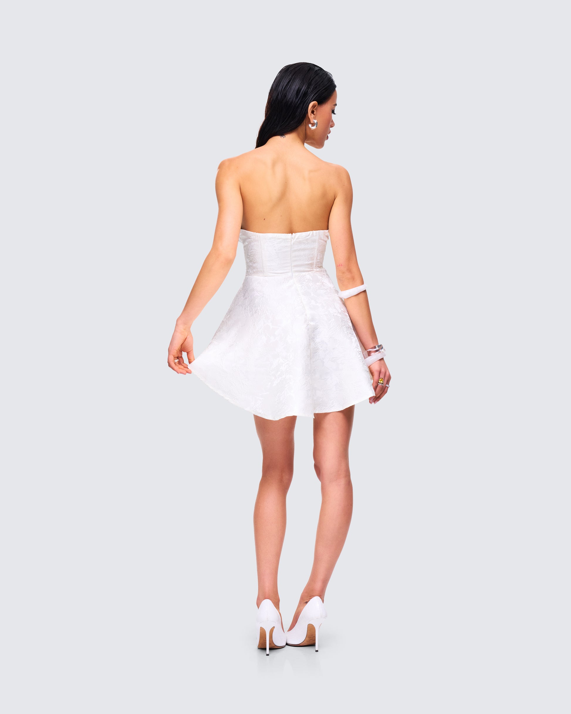 White Strapless Mini Dress - Jacquard Corset Flared FINESSE White Strapless Mini Dress - Jacquard Corset Flared FINESSE