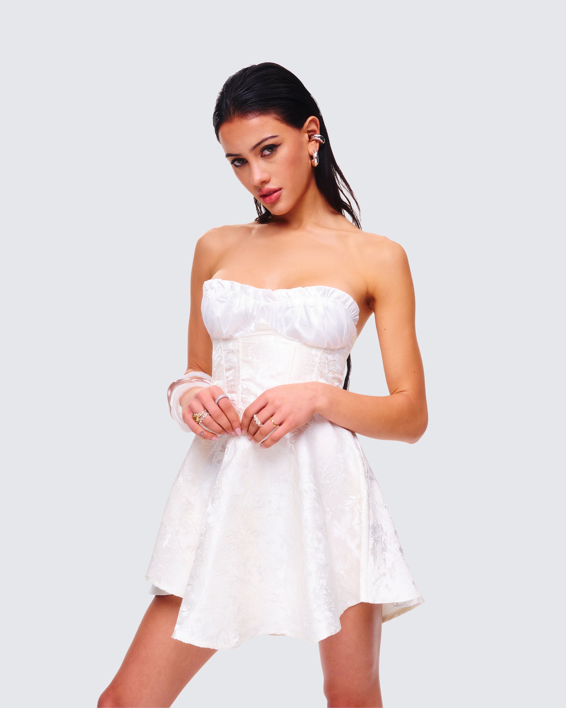 White Strapless Mini Dress - Jacquard Corset Flared FINESSE White Strapless Mini Dress - Jacquard Corset Flared FINESSE