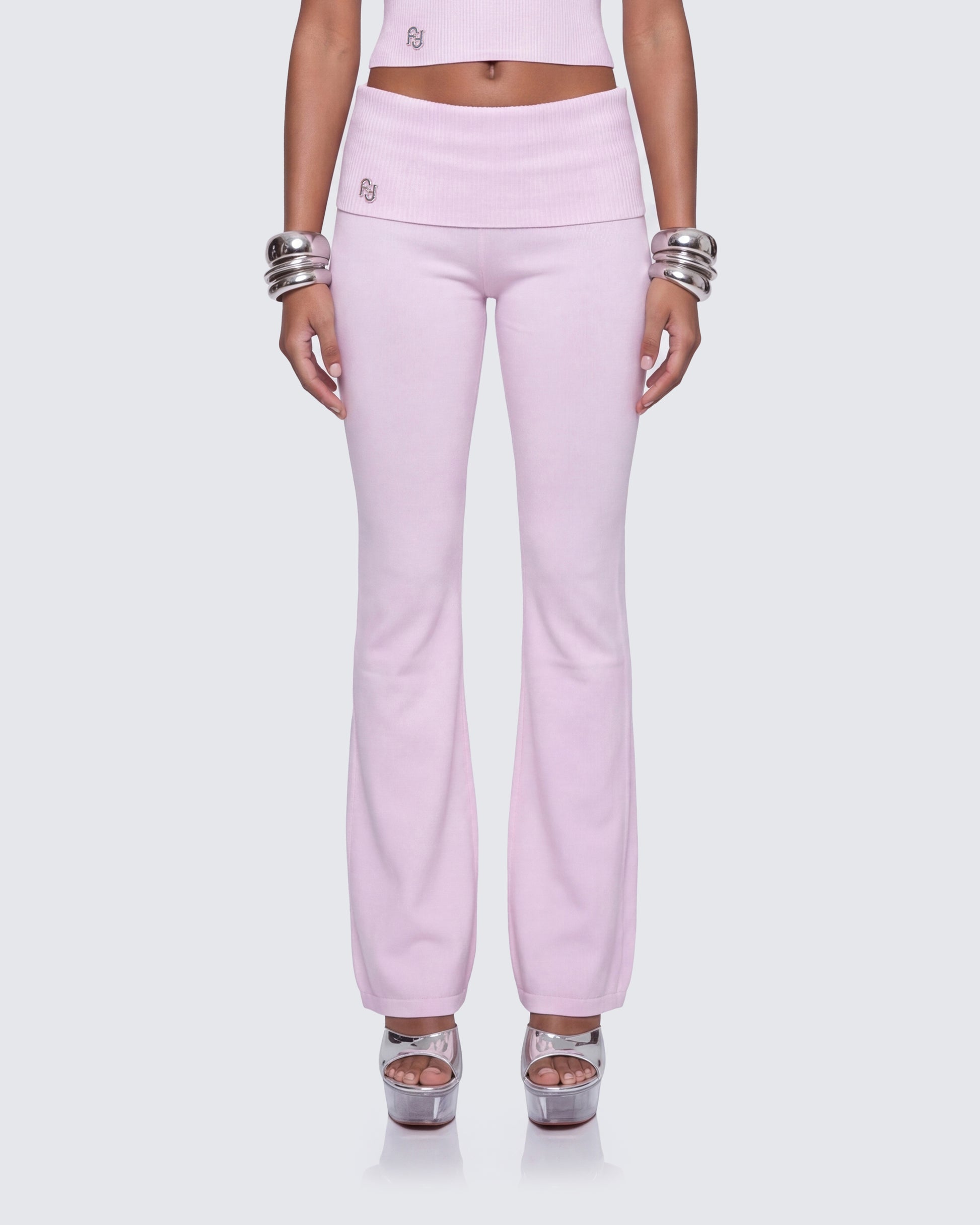 Corah Pink Knit Fold Over Leggings model front