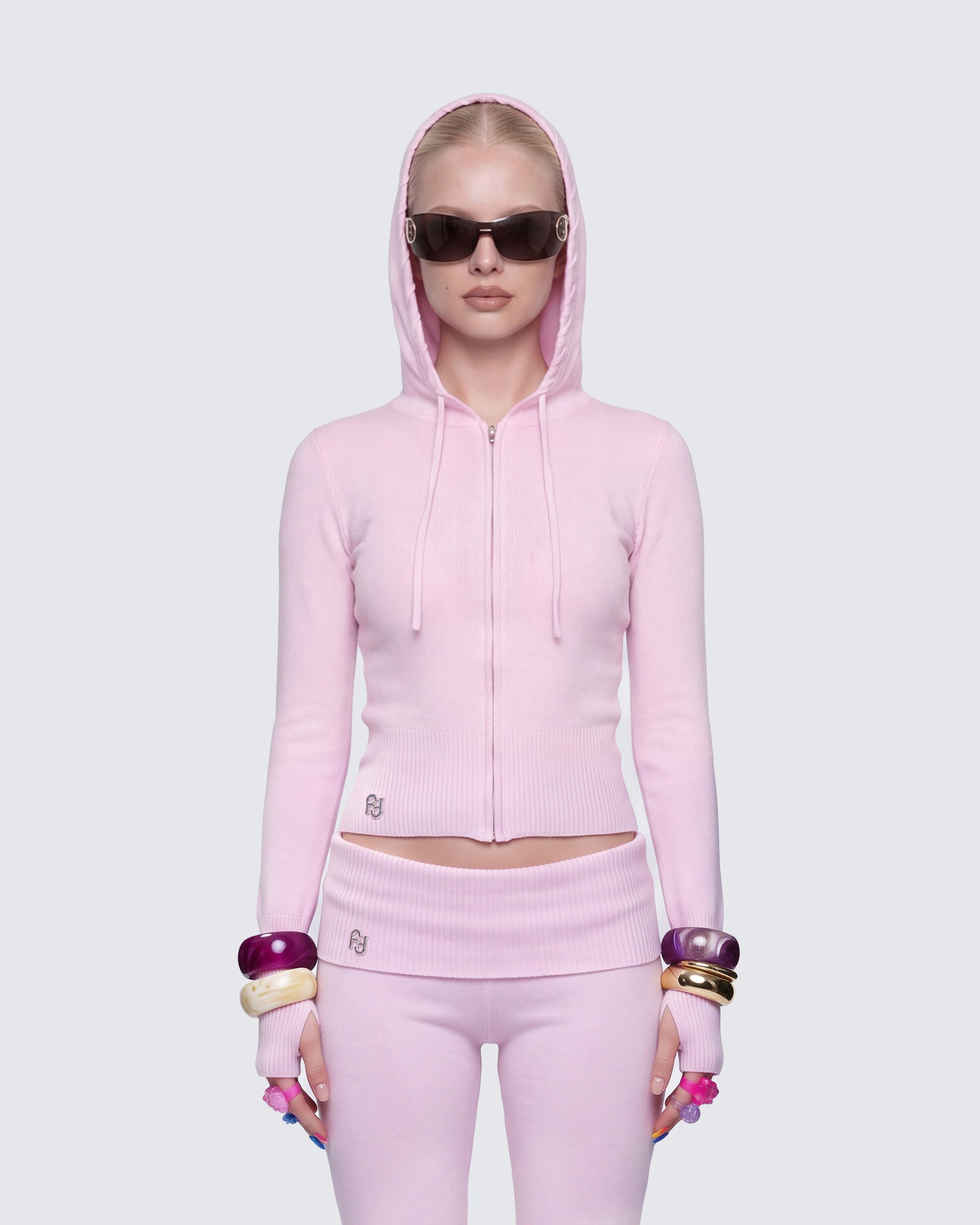 Corah Pink Knit Laced Hoodie model front