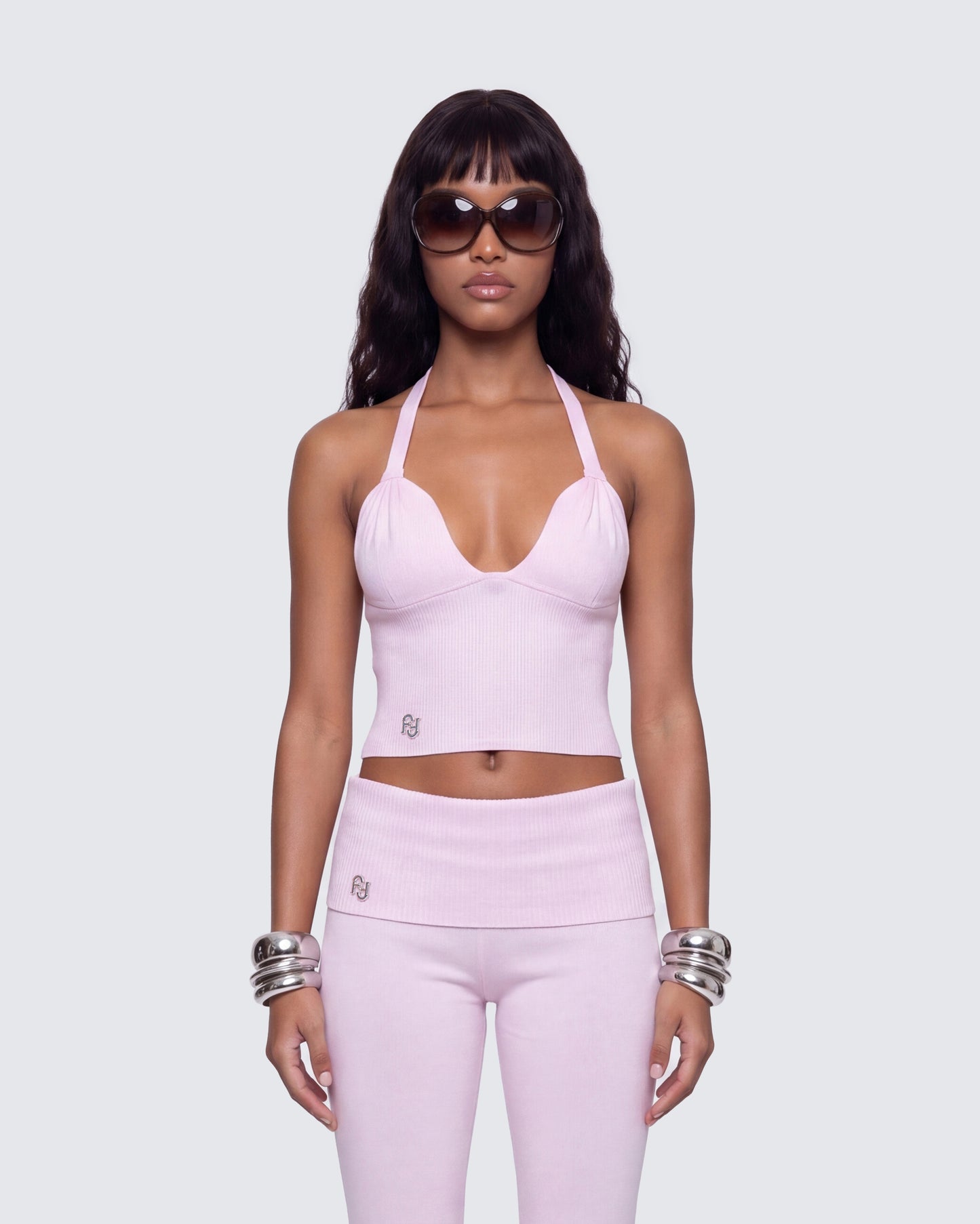 Corah Pink Knit Halter Top model front