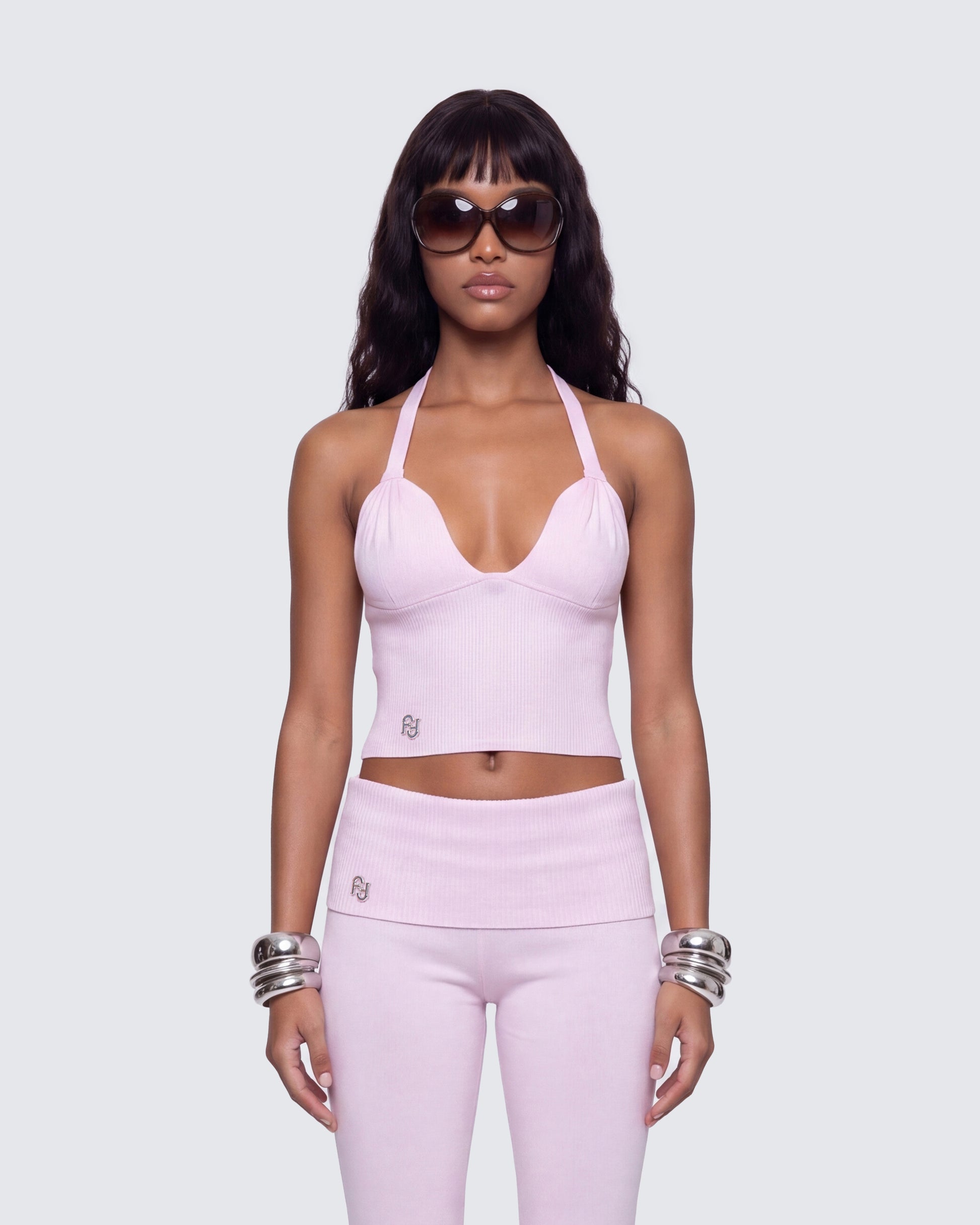 Corah Pink Knit Halter Top model front