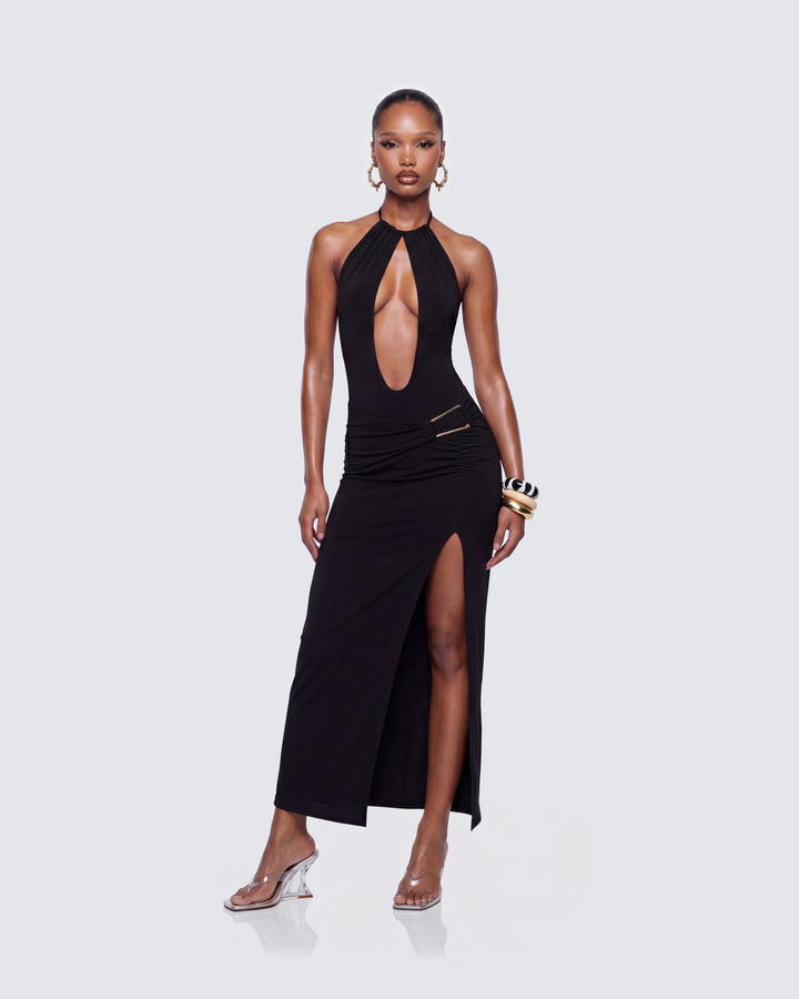 Coralia Black Open Front Maxi Dress