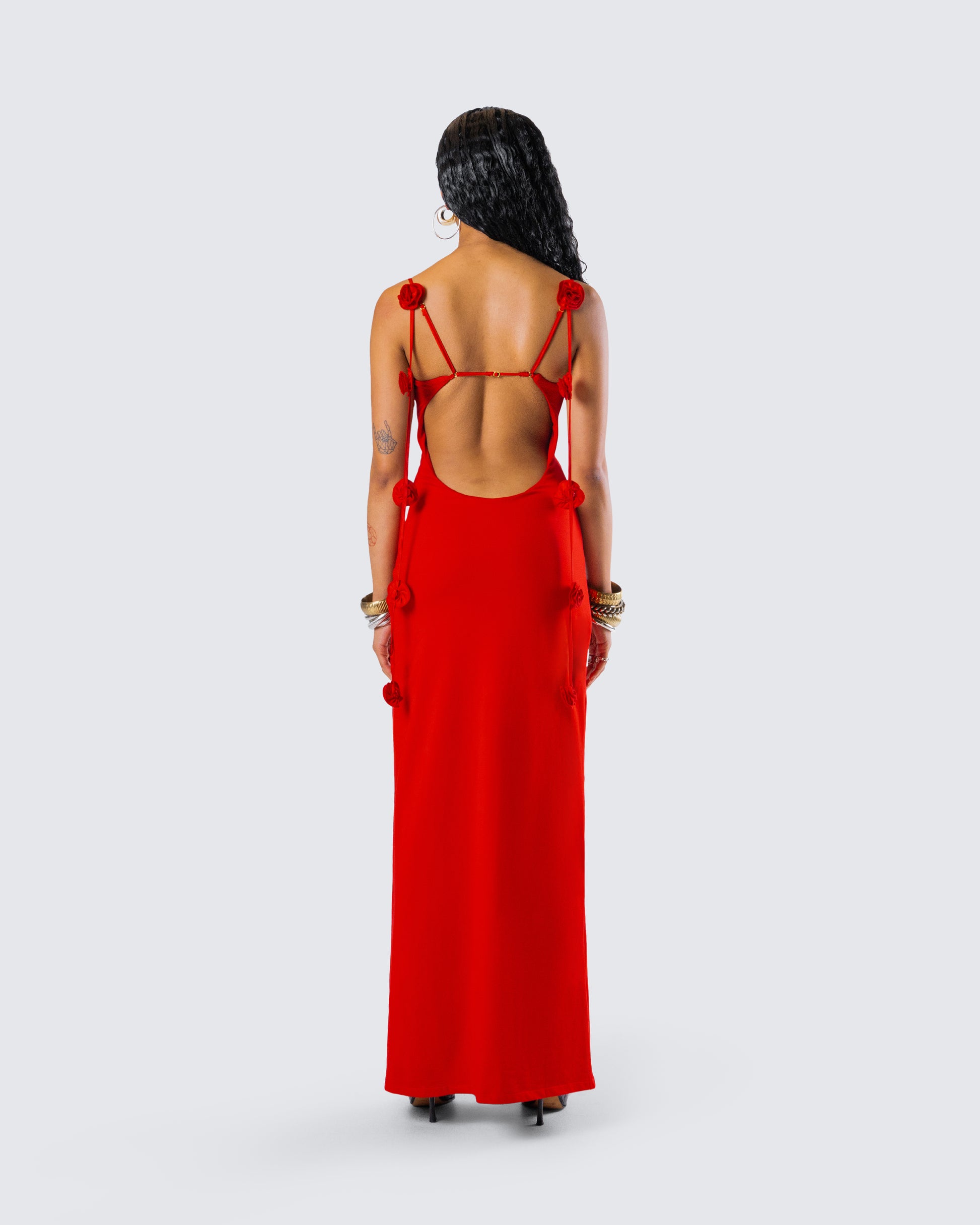 Red Cutout Maxi Dress - Bodycon Side Tie Detail FINESSE Red Cutout Maxi Dress - Bodycon Side Tie Detail FINESSE