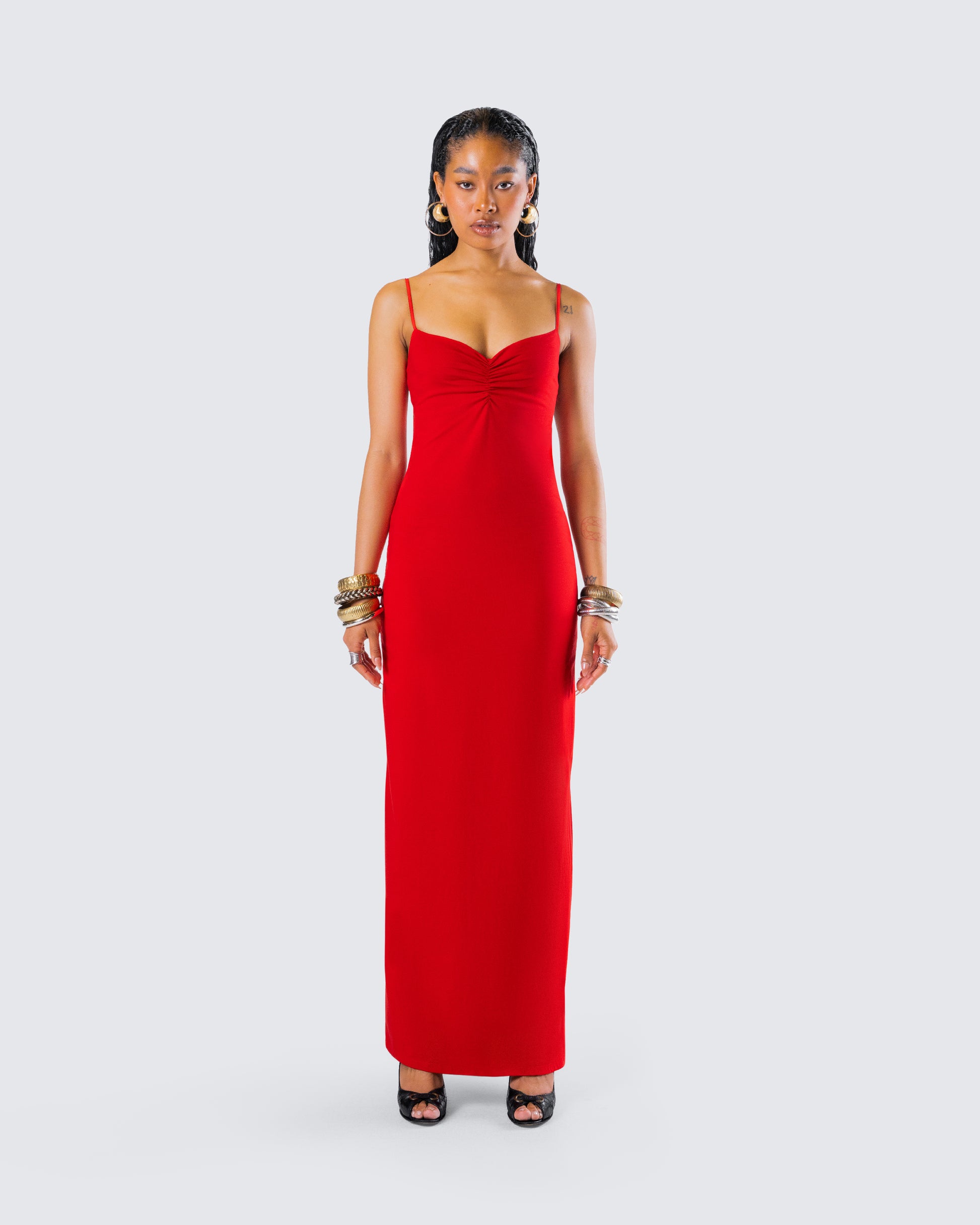 Red Cutout Maxi Dress - Bodycon Side Tie Detail FINESSE Red Cutout Maxi Dress - Bodycon Side Tie Detail FINESSE