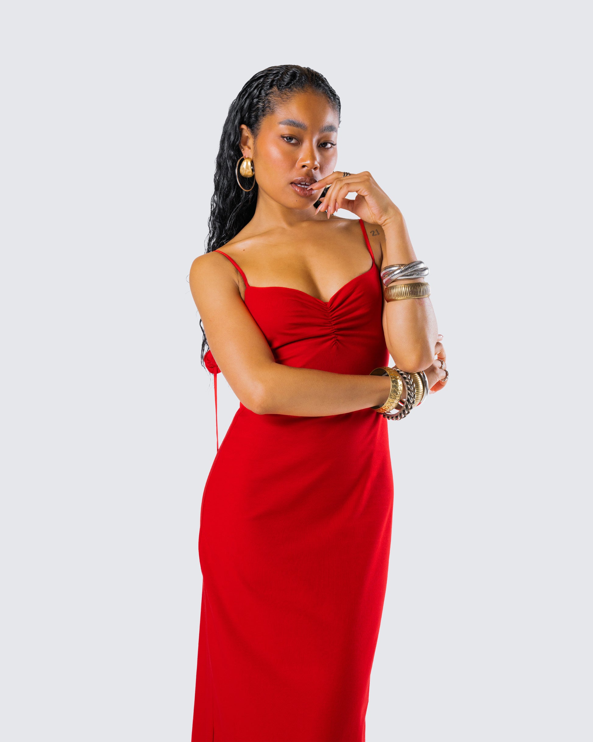 Red Cutout Maxi Dress - Bodycon Side Tie Detail FINESSE Red Cutout Maxi Dress - Bodycon Side Tie Detail FINESSE