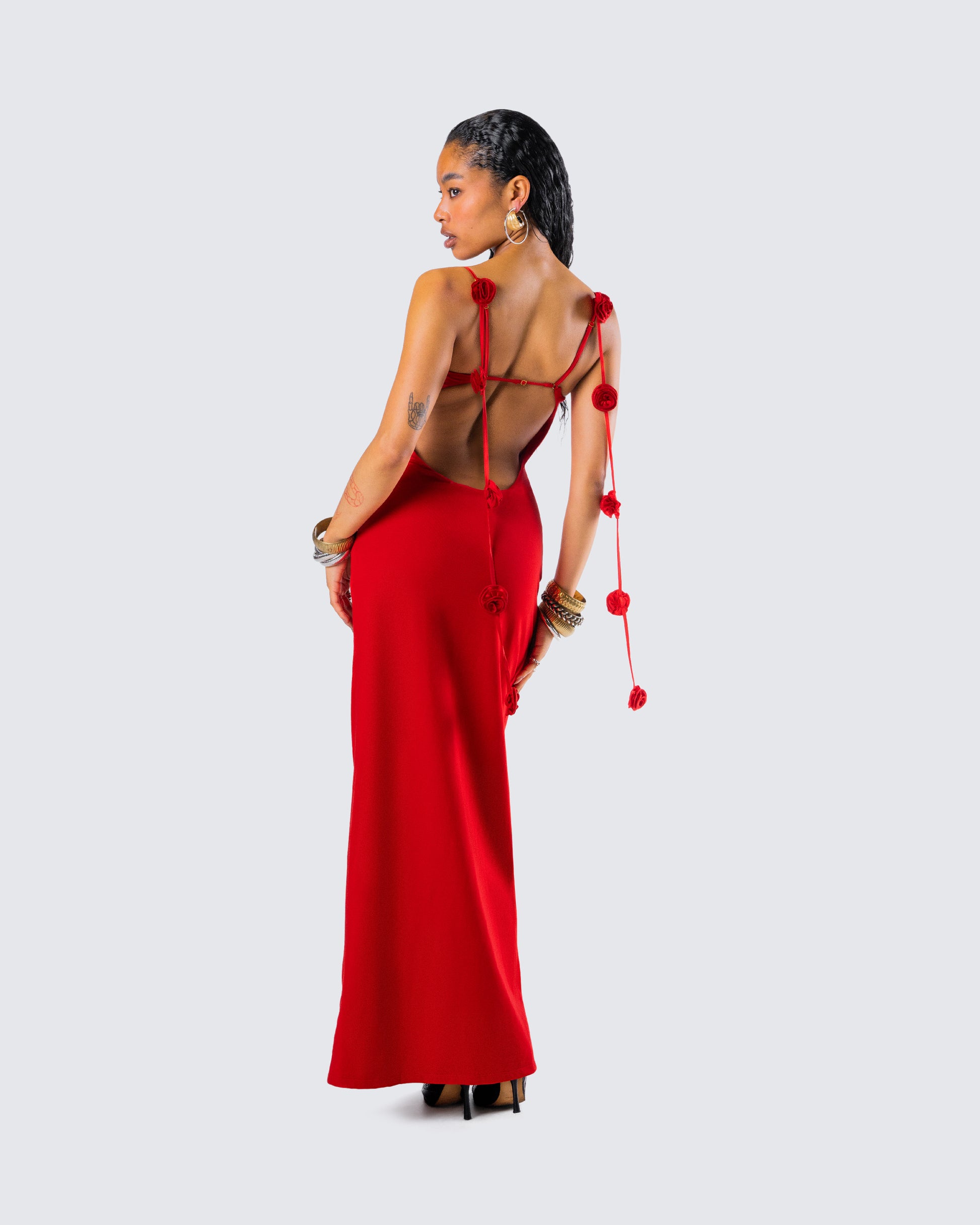 Red Cutout Maxi Dress - Bodycon Side Tie Detail FINESSE Red Cutout Maxi Dress - Bodycon Side Tie Detail FINESSE