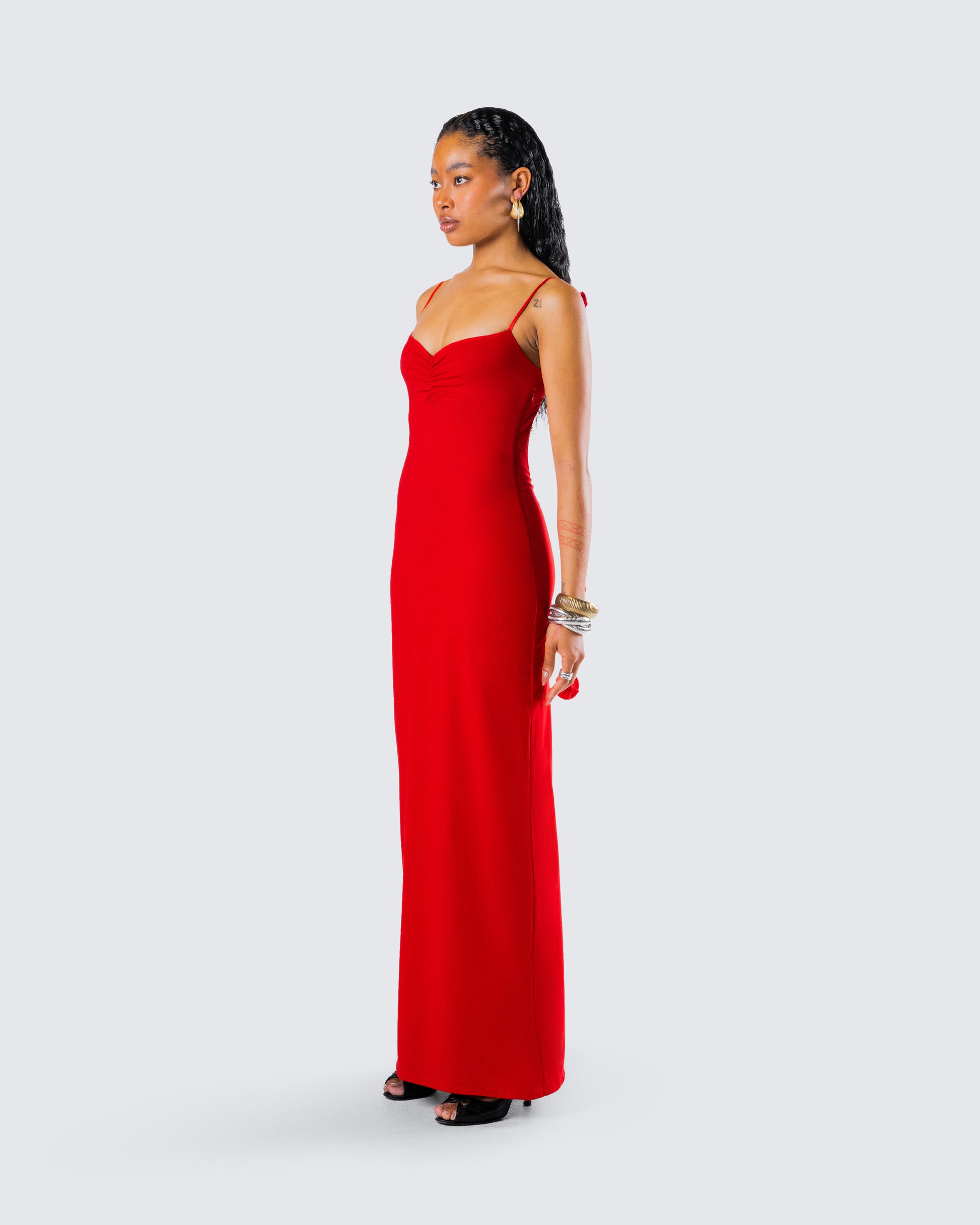 Red Cutout Maxi Dress - Bodycon Side Tie Detail FINESSE Red Cutout Maxi Dress - Bodycon Side Tie Detail FINESSE