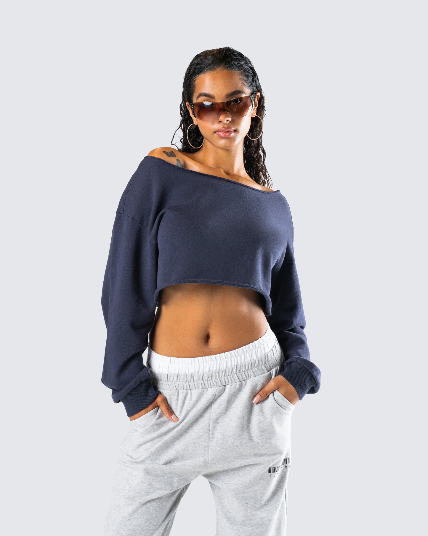 Cory Navy Long Sleeve Crop Top