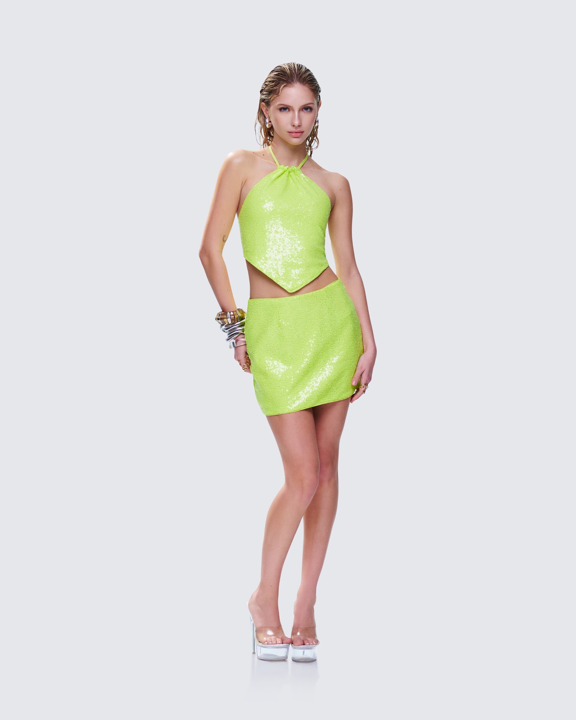 Green Sequin Two-Piece Set - Halter Crop Top Mini Skirt FINESSE Green Sequin Two-Piece Set - Halter Crop Top Mini Skirt FINESSE
