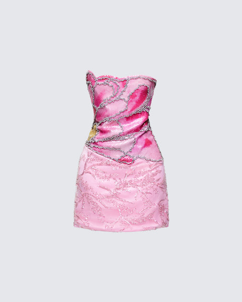 Pink Rhinestone Mini Dress - Strapless Embellished Corset  FINESSE