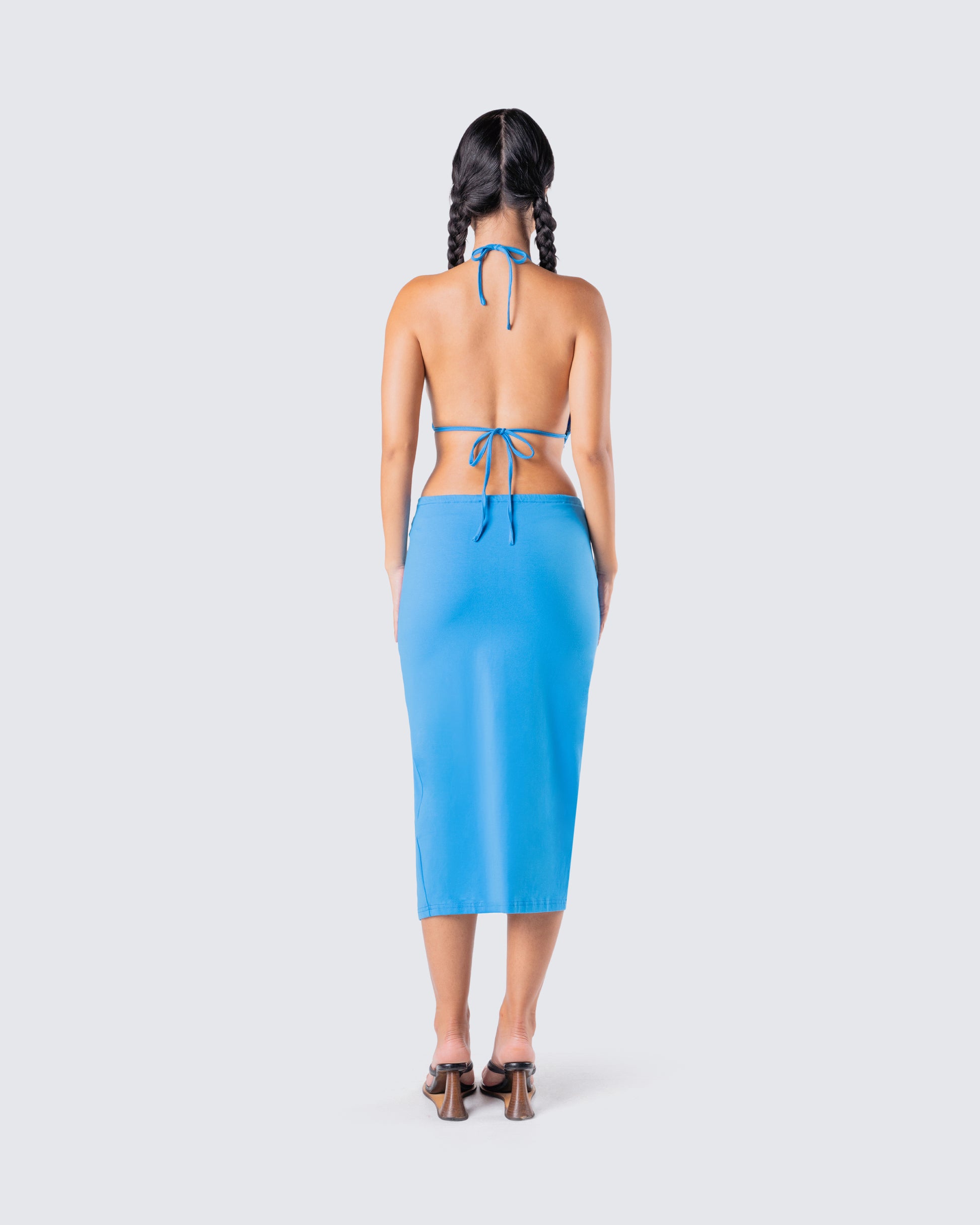 Blue Halter Midi Dress - Bodycon Slit Cocktail FINESSE Blue Halter Midi Dress - Bodycon Slit Cocktail FINESSE