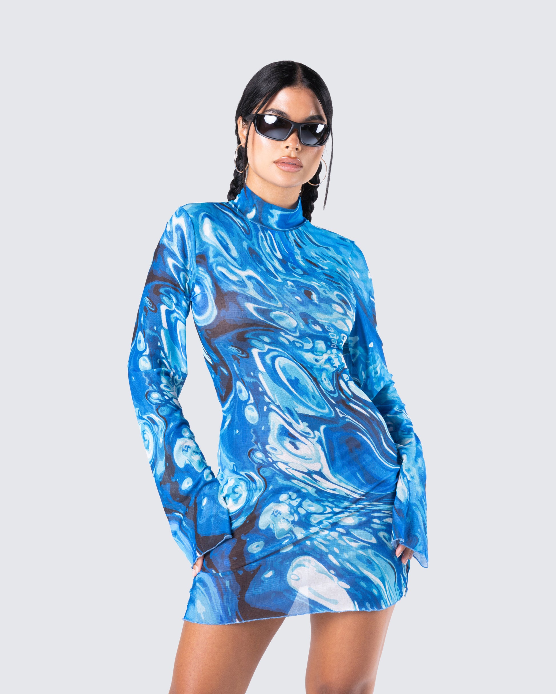 Blue Swirl Print Mini Dress - Long Sleeve Mock Neck FINESSE Blue Swirl Print Mini Dress - Long Sleeve Mock Neck FINESSE