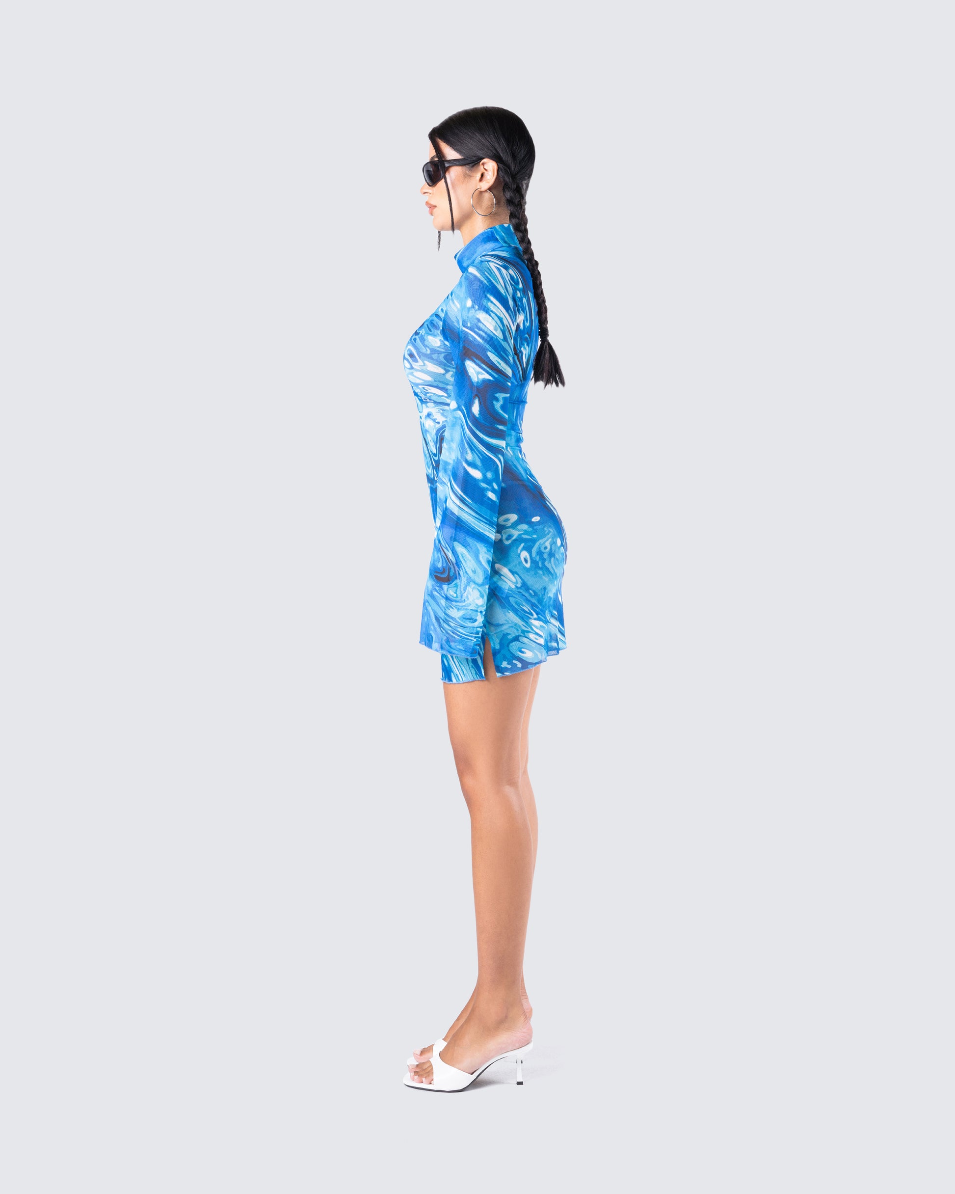 Blue Swirl Print Mini Dress - Long Sleeve Mock Neck FINESSE Blue Swirl Print Mini Dress - Long Sleeve Mock Neck FINESSE
