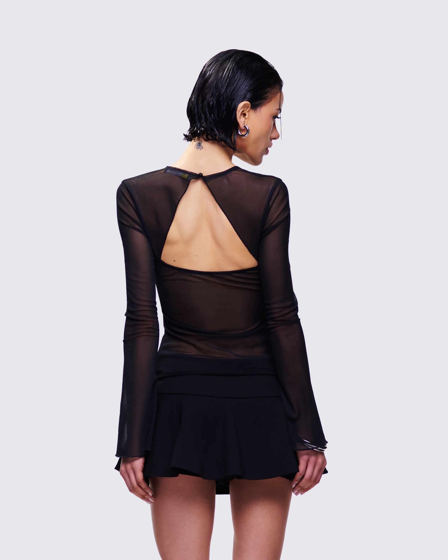 Damaris Black Long Sleeve Bow Trim Top
