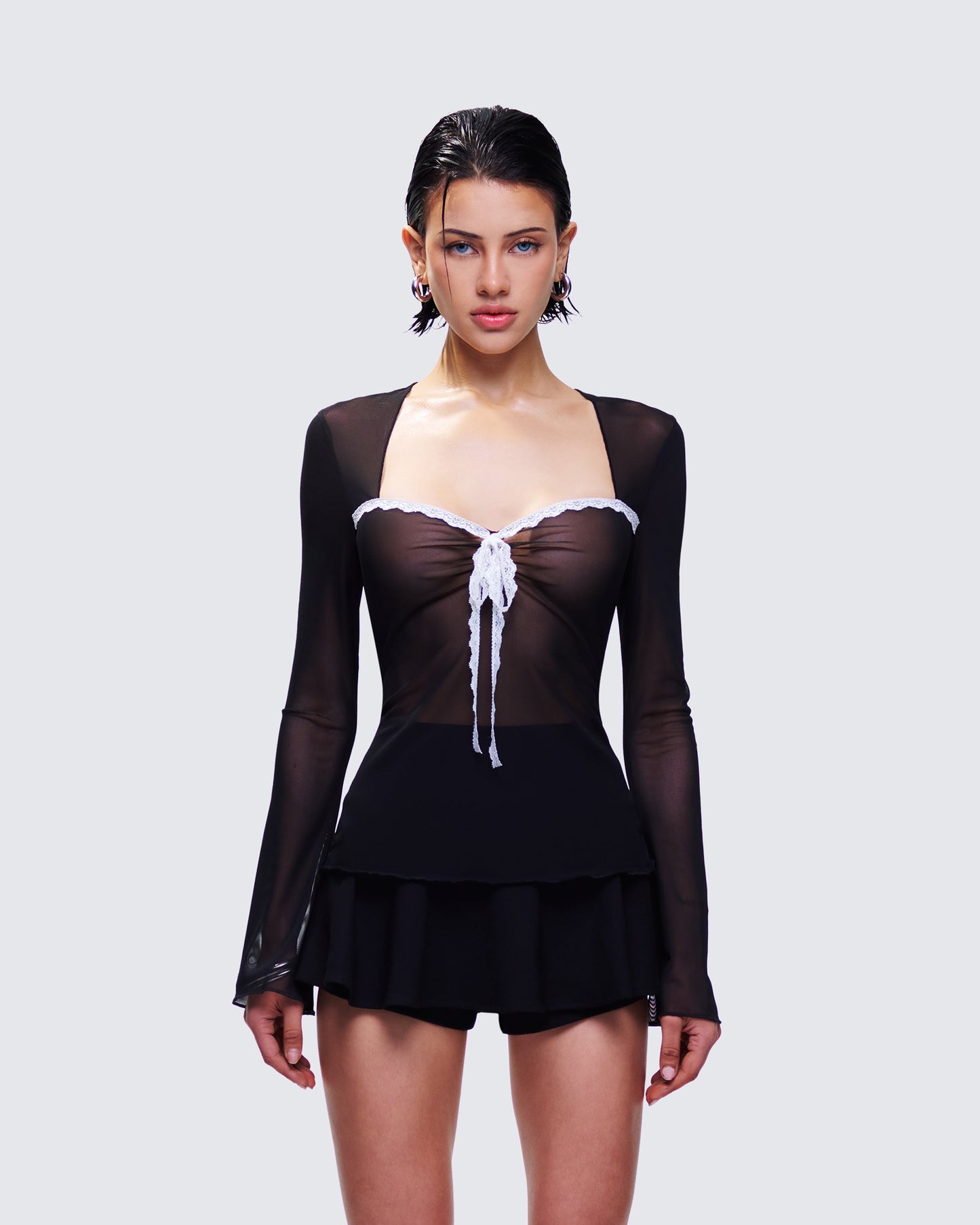 Damaris Black Long Sleeve Bow Trim Top model front