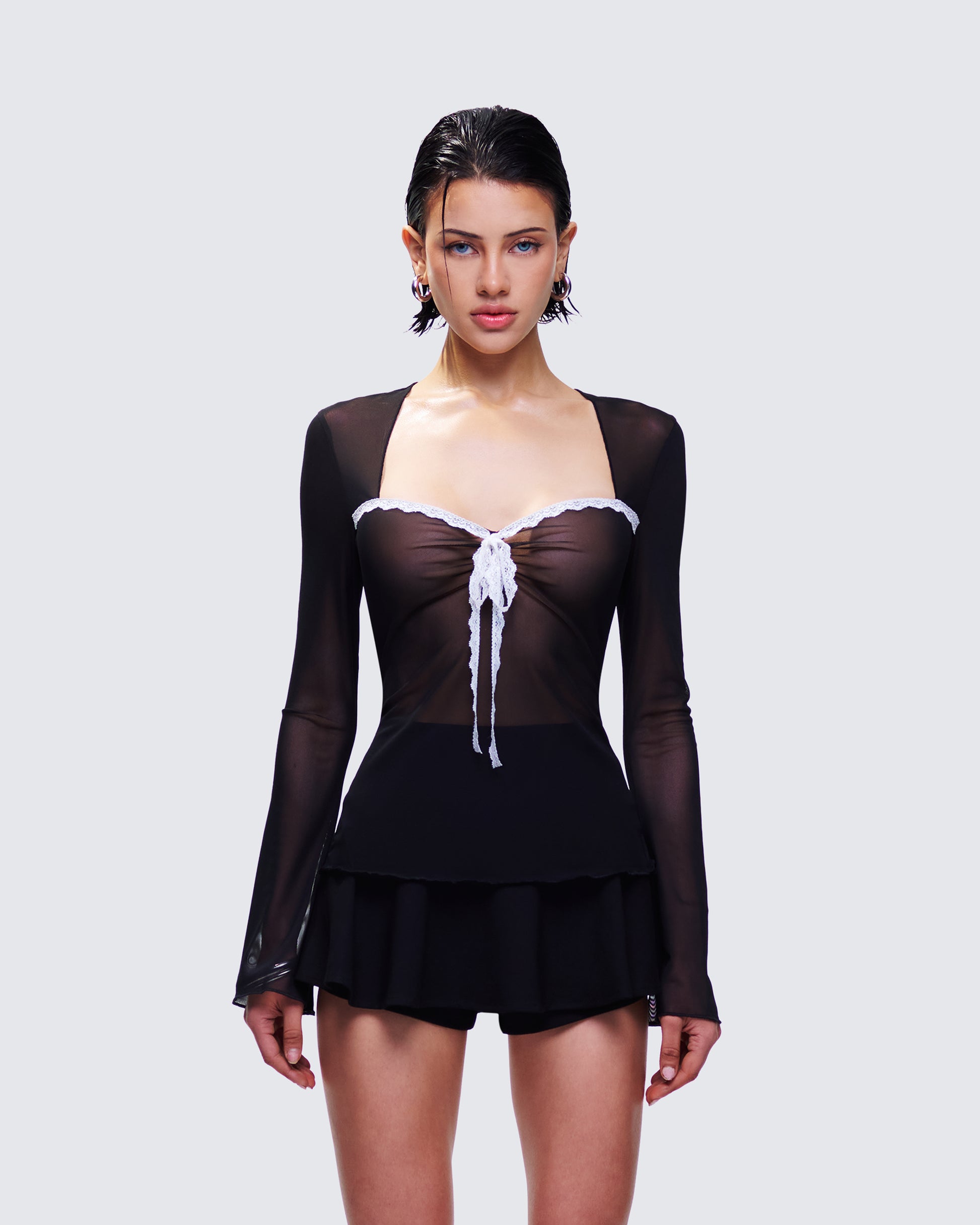 Damaris Black Long Sleeve Bow Trim Top model front