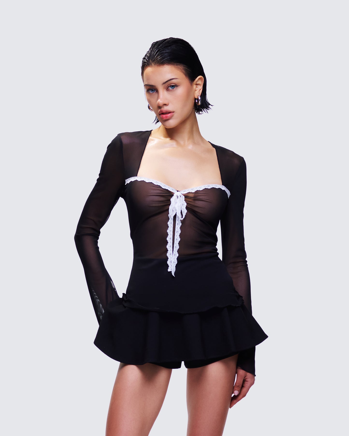 Damaris Black Long Sleeve Bow Trim Top
