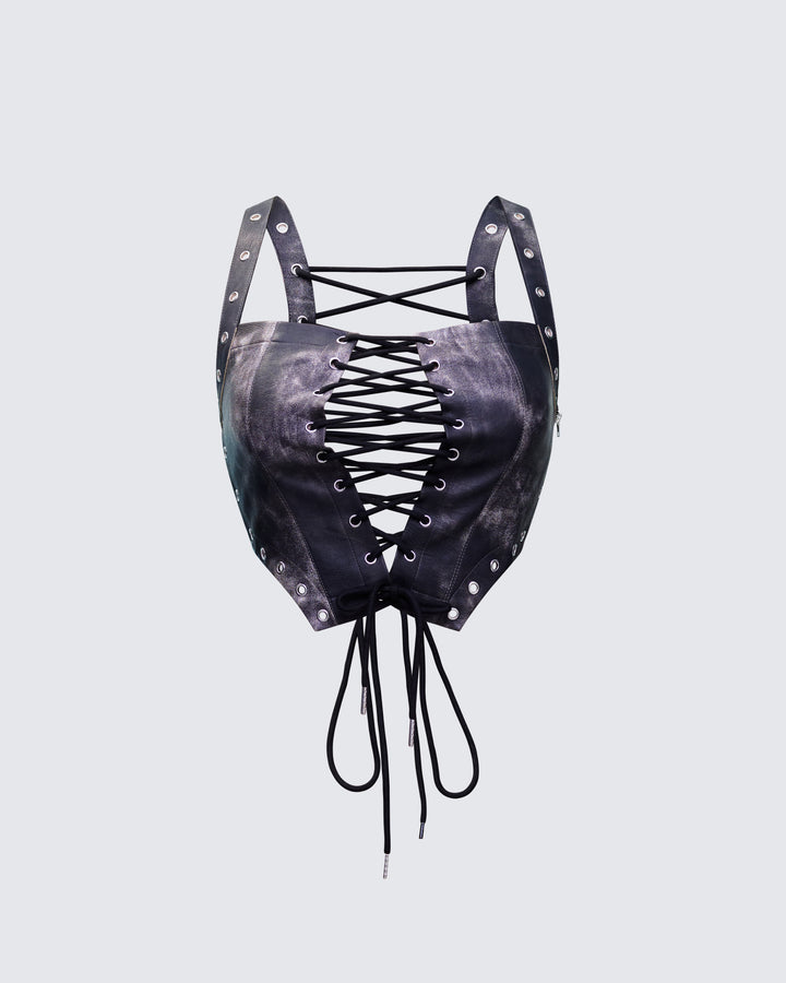 Danira Black Vegan Leather Backless Corset Top product front