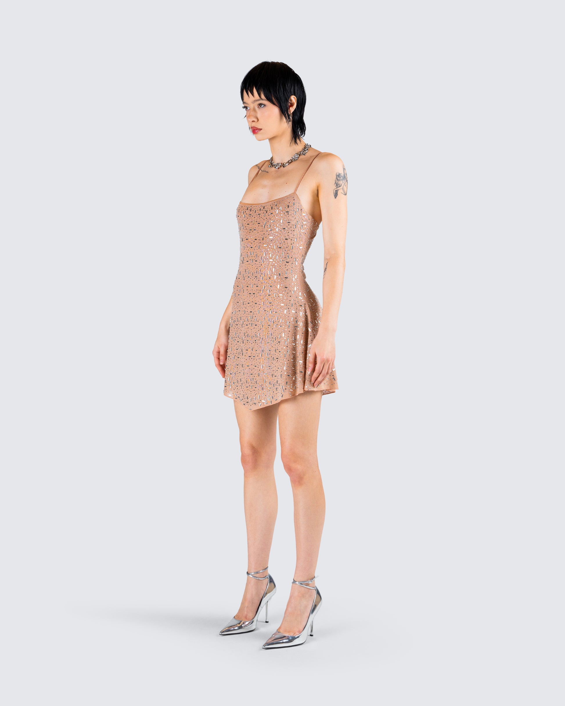 Daphne Nude Rhinestone Mini Dress – FINESSE