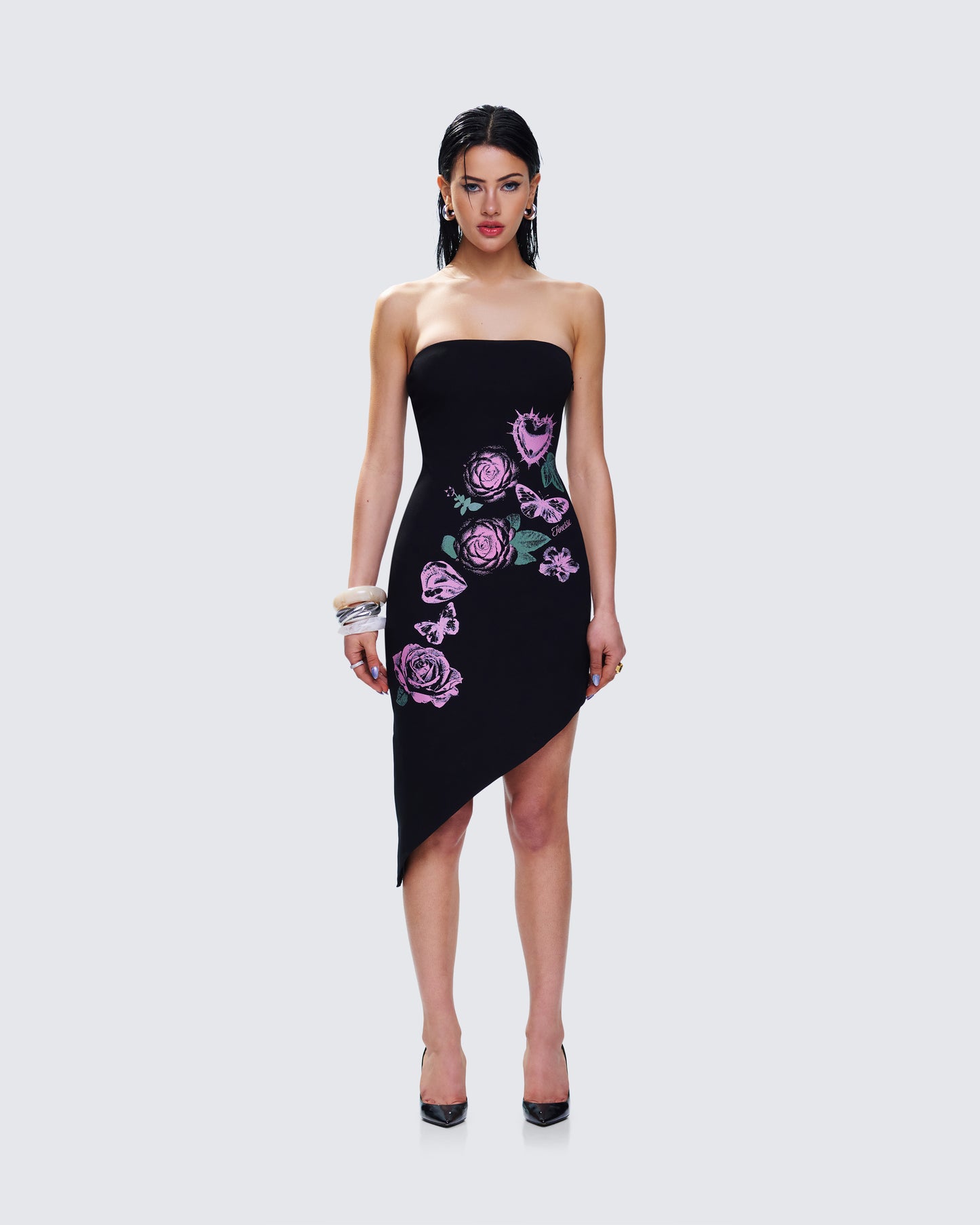 Dariela Black Flower Print Midi Dress