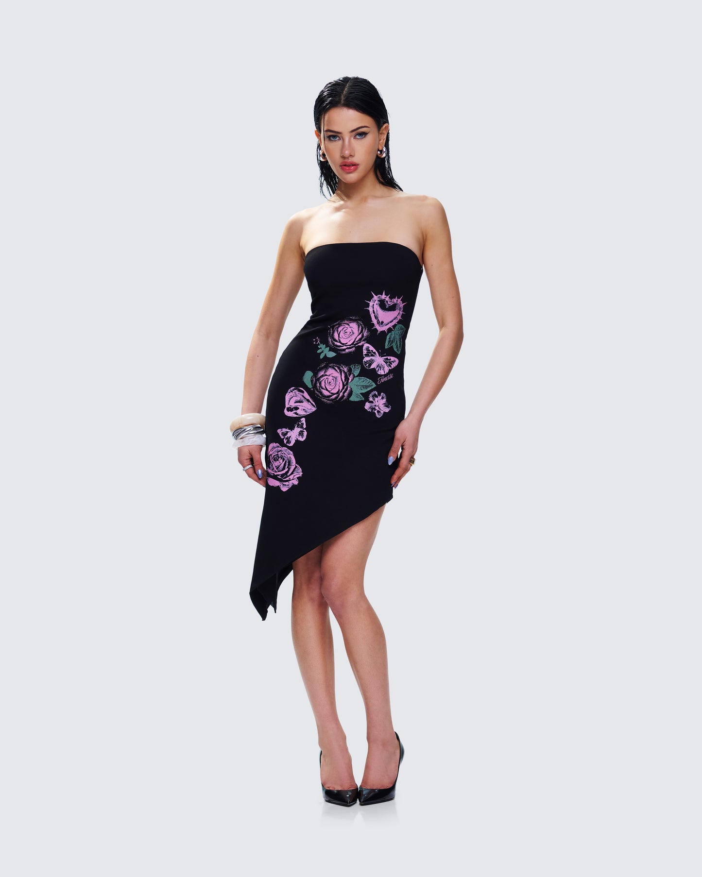 Dariela Black Flower Print Midi Dress