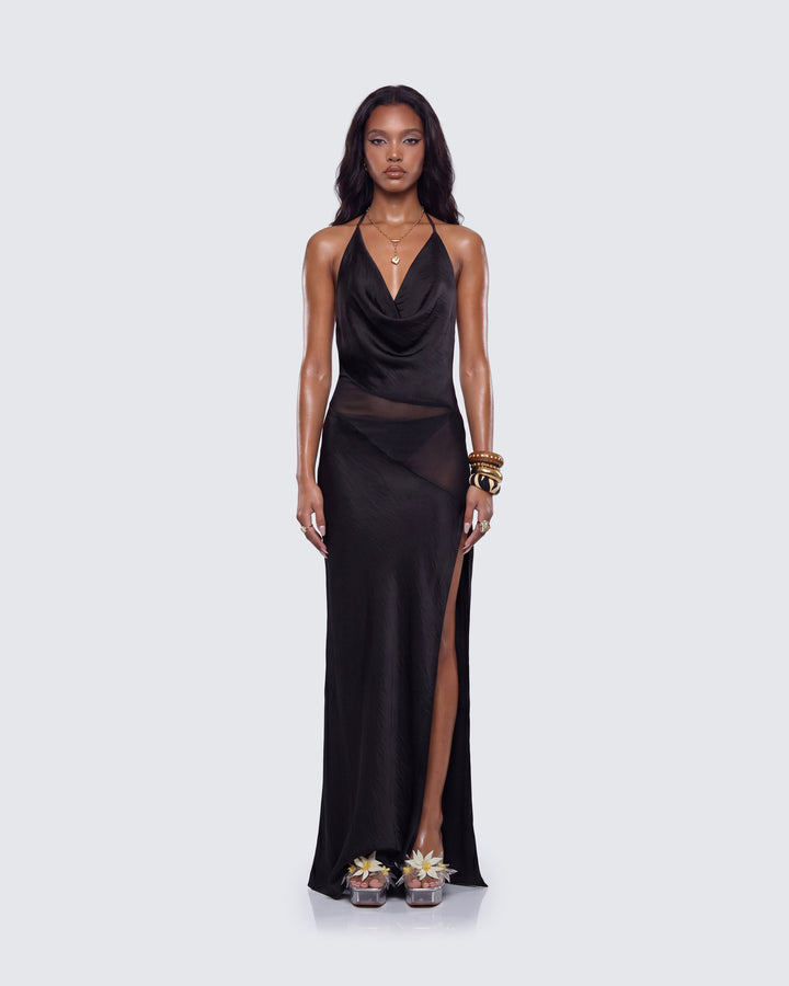Daryl Black Matt Satin & Georgette Maxi Dress model front
