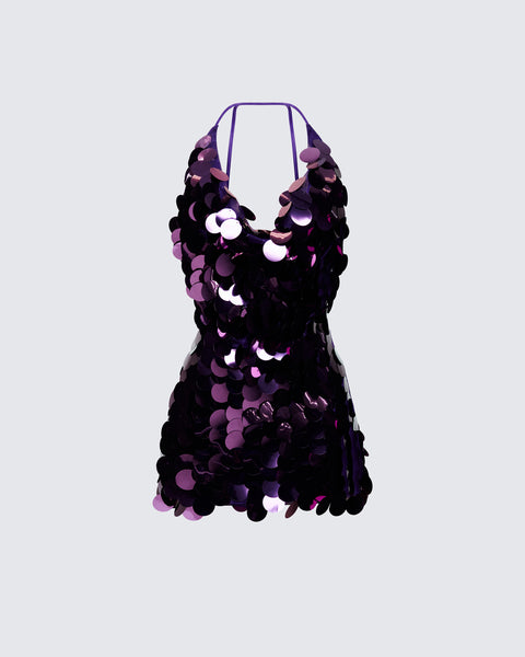 Purple Disc Sequin Mini Dress - Halter Party FINESSE Purple Disc Sequin Mini Dress - Halter Party FINESSE