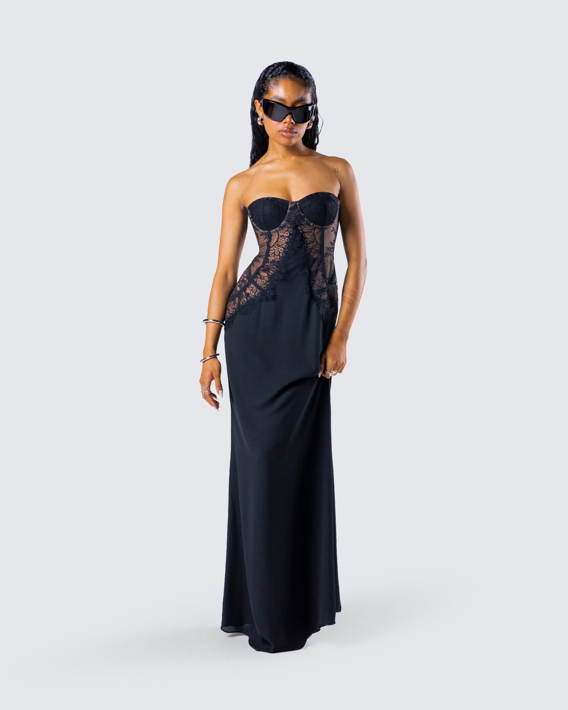 Black Lace Panel Maxi Dress - Strapless Formal Gown FINESSE Black Lace Panel Maxi Dress - Strapless Formal Gown FINESSE