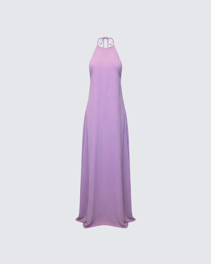 Debri Purple Open Back Halterneck Matt Satin Maxi Dress product front