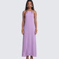 Debri Purple Open Back Halterneck Matt Satin Maxi Dress model front