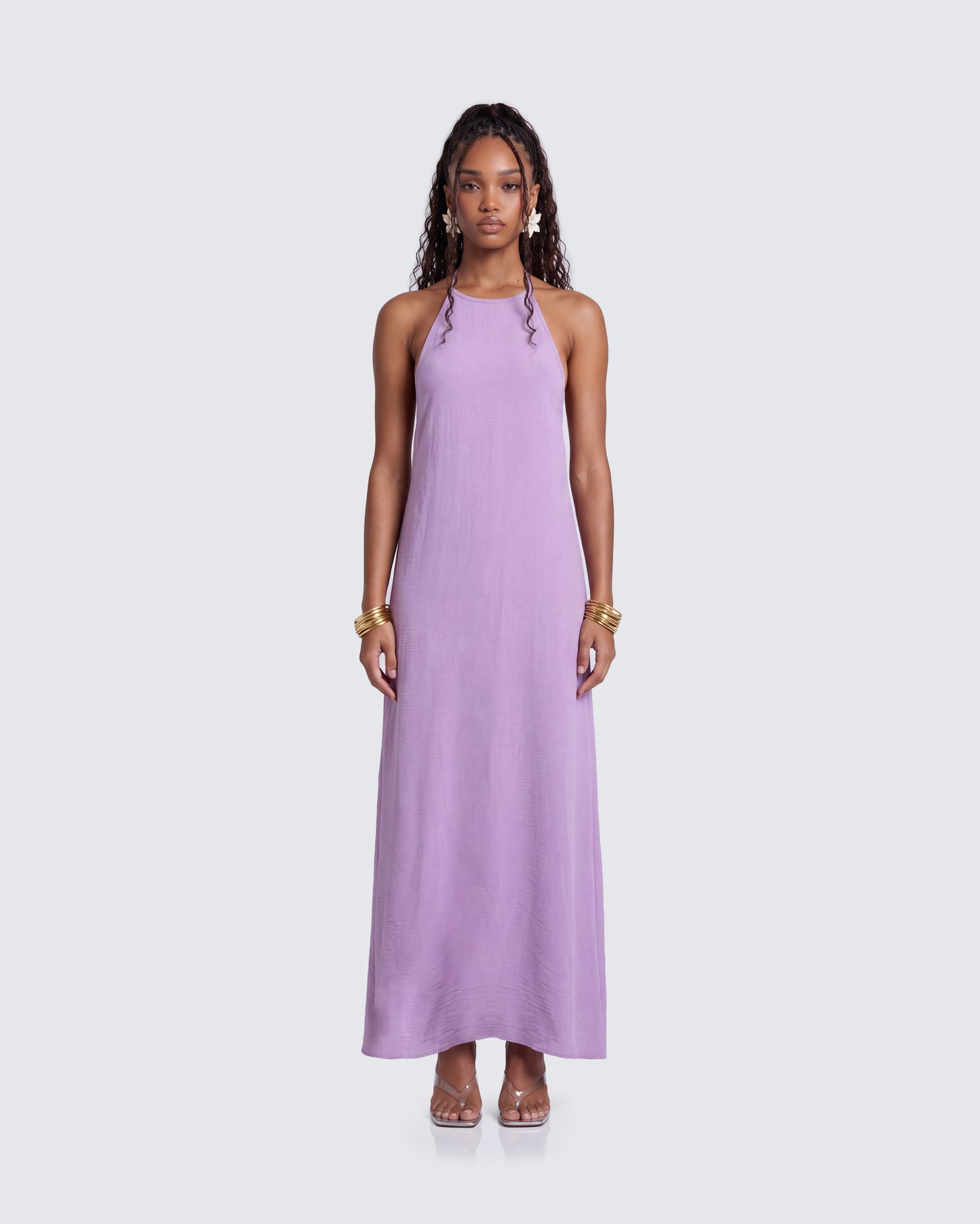 Debri Purple Open Back Halterneck Matt Satin Maxi Dress model front