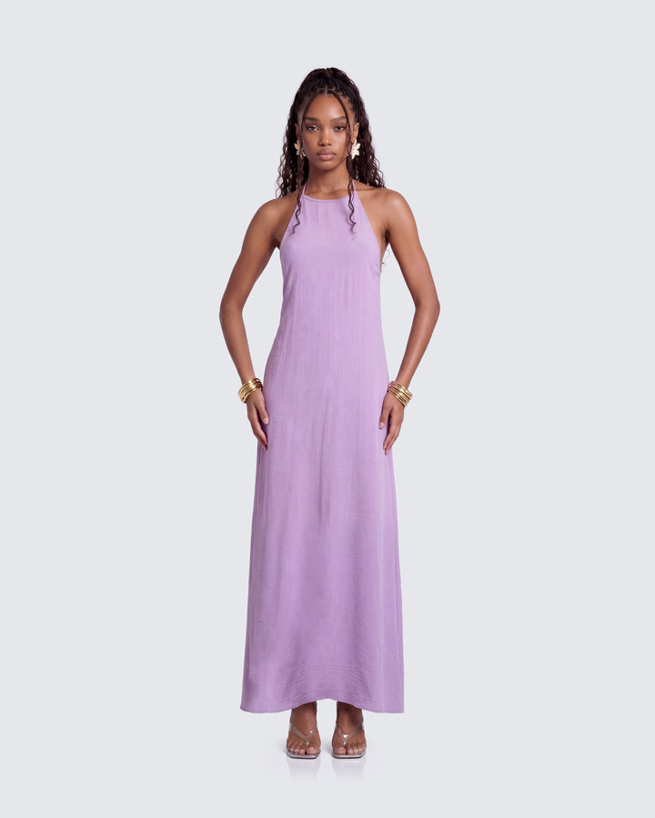 Debri Purple Open Back Halterneck Matt Satin Maxi Dress