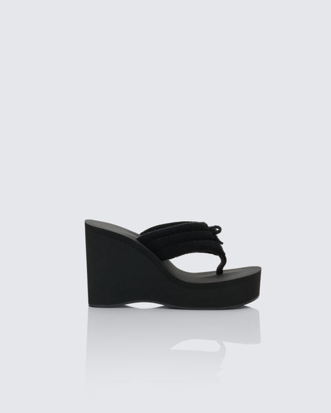 Black Platform Wedge Sandals Chunky Heel Thong Style  FINESSE