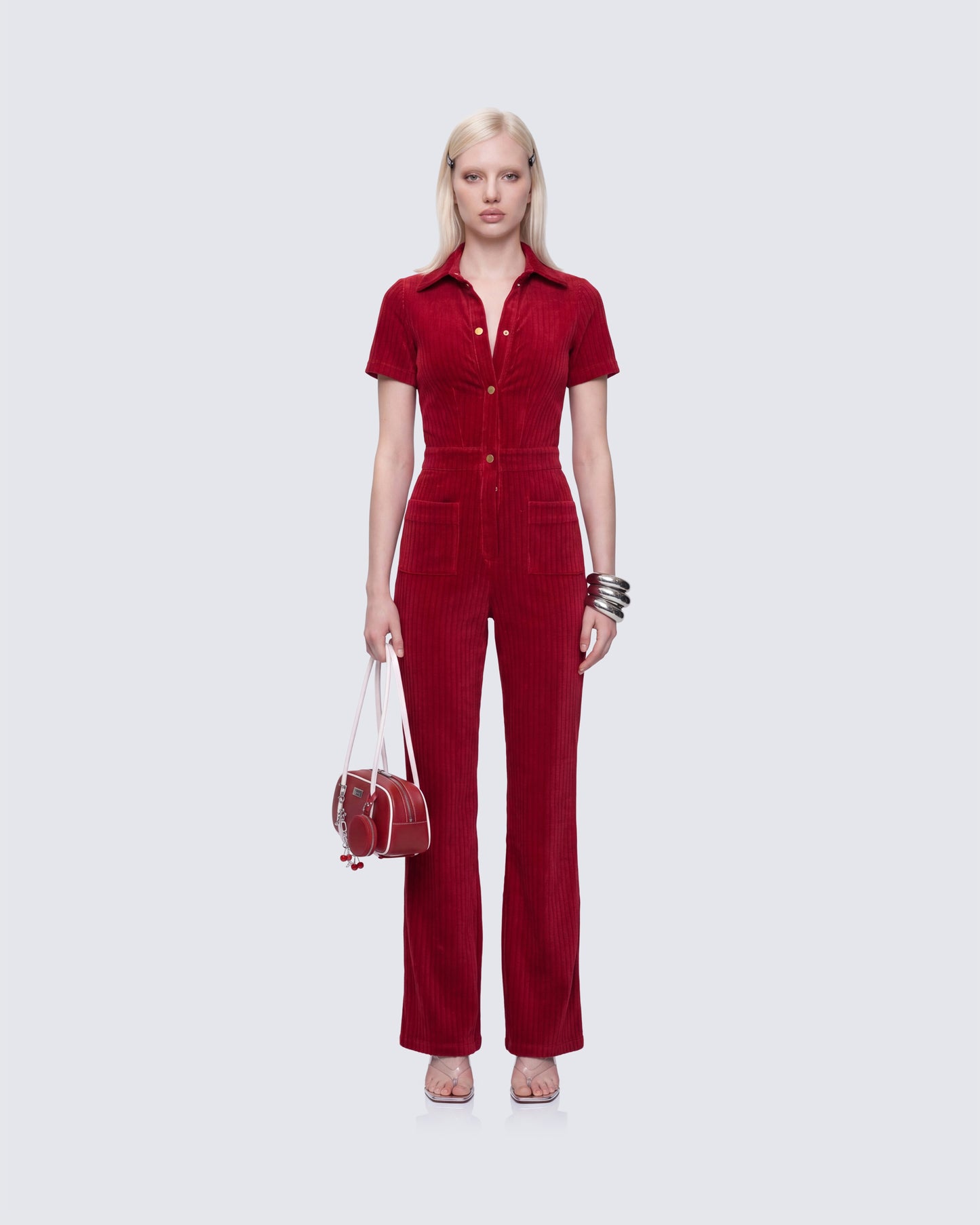 Della Red Corduroy Jumpsuit model front