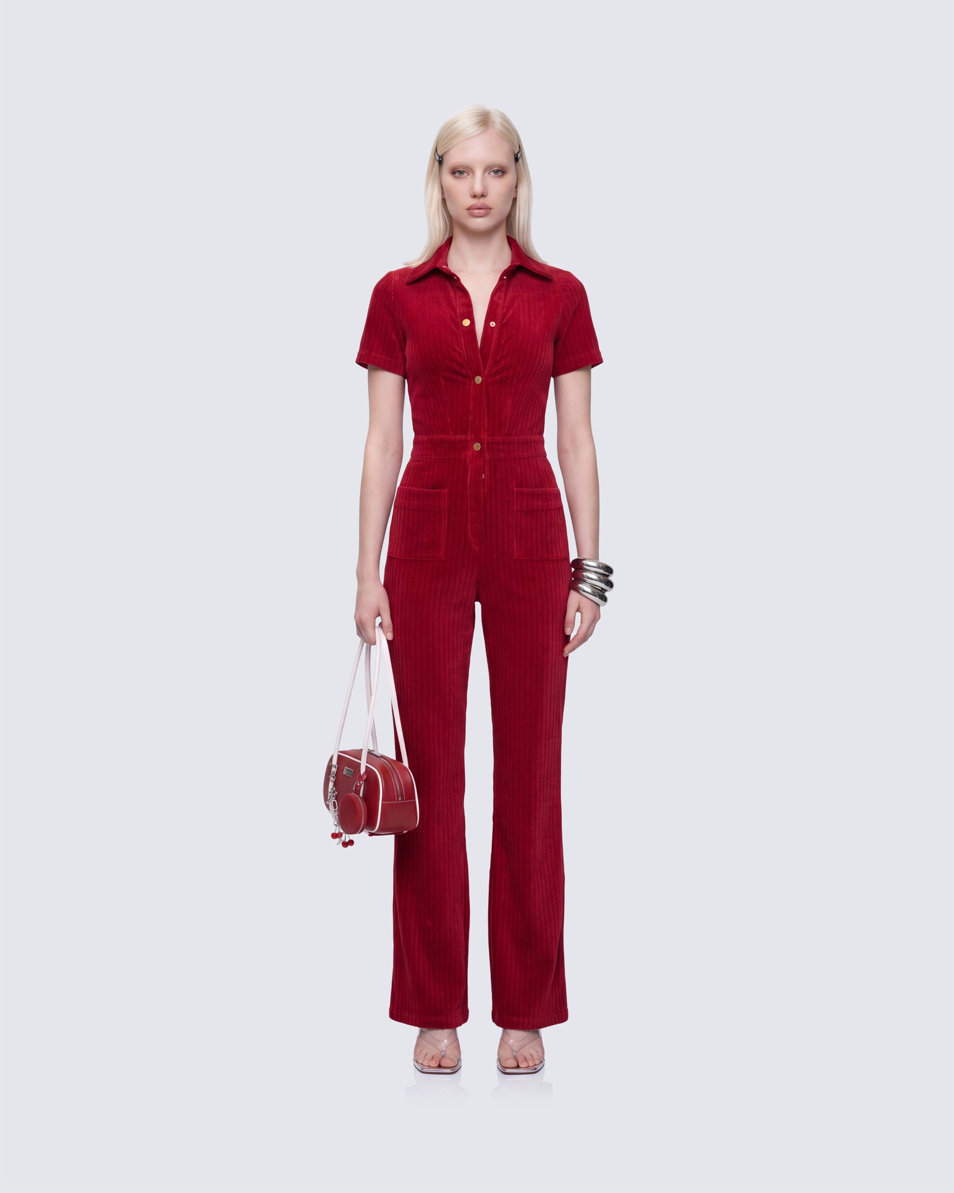 Della Red Corduroy Jumpsuit model front