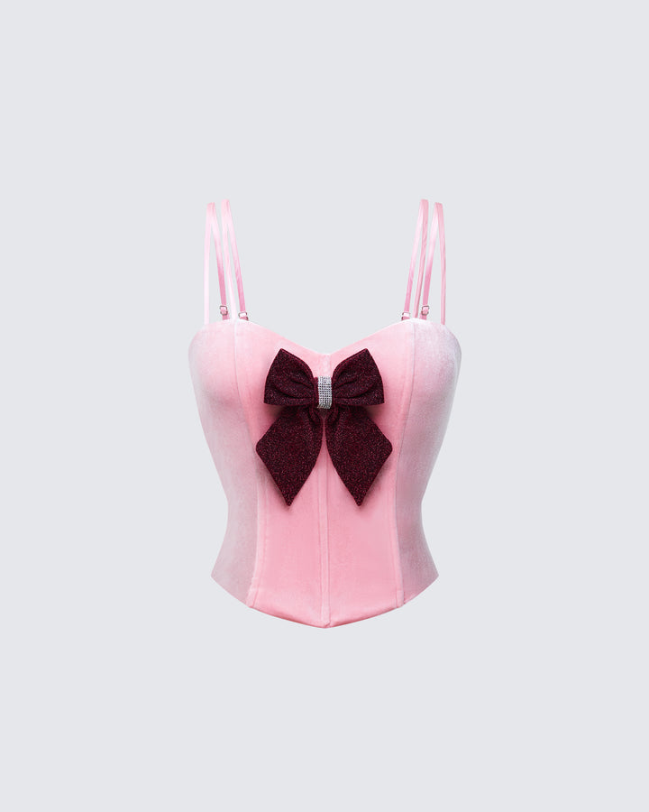 Demy Pink Velvet Bow Detail Corset Top product front