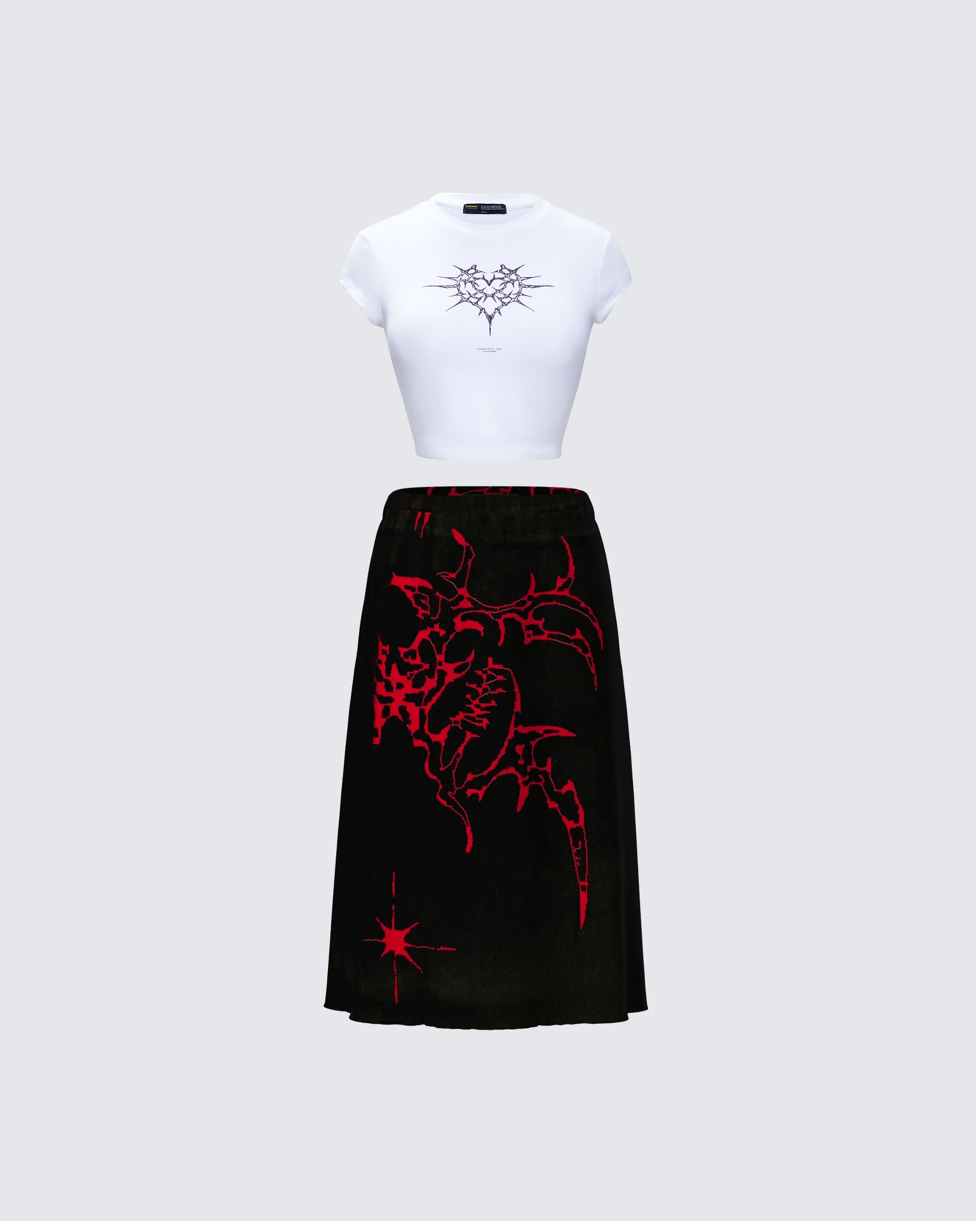 Black Red Graphic Two-Piece Set - Cropped Tee + Midi Skirt FINESSE Black Red Graphic Two-Piece Set - Cropped Tee + Midi Skirt FINESSE