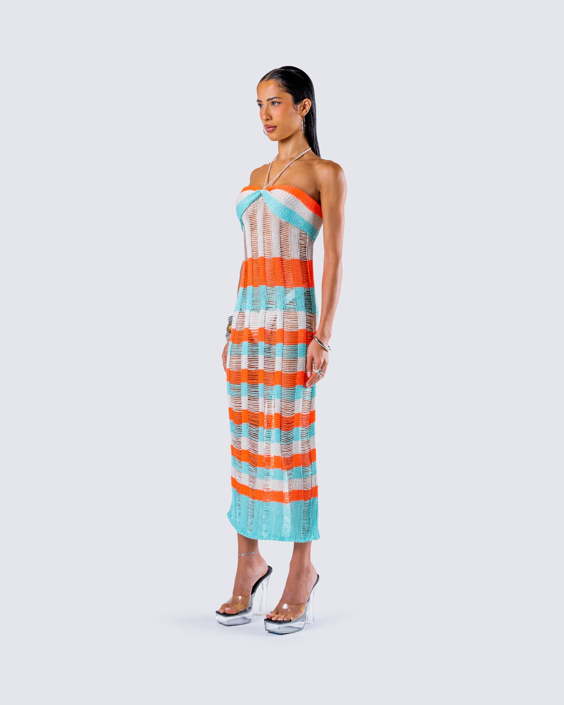 Blue Striped Knit Midi Dress - Halter Bodycon Summer FINESSE Blue Striped Knit Midi Dress - Halter Bodycon Summer FINESSE