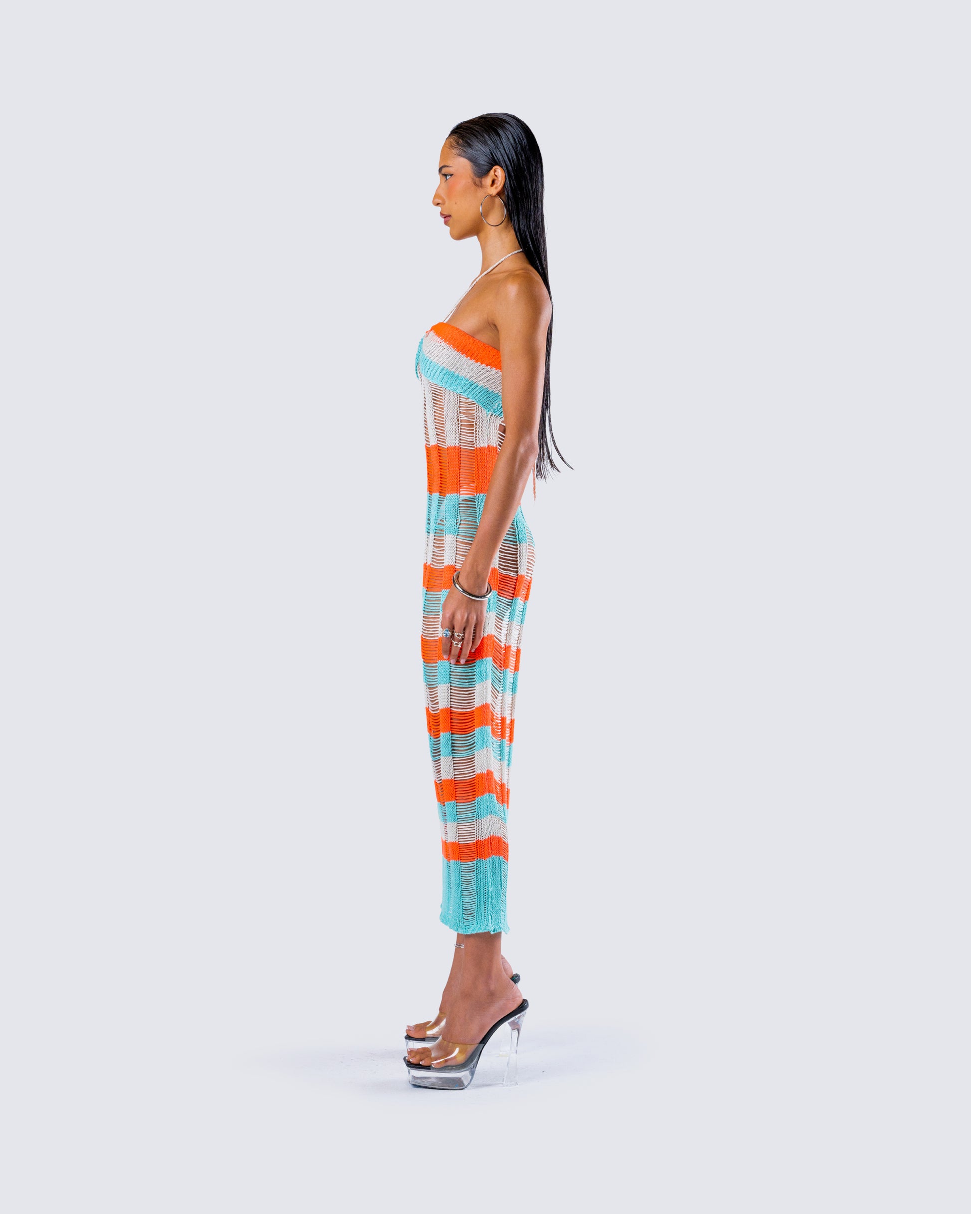 Blue Striped Knit Midi Dress - Halter Bodycon Summer FINESSE Blue Striped Knit Midi Dress - Halter Bodycon Summer FINESSE