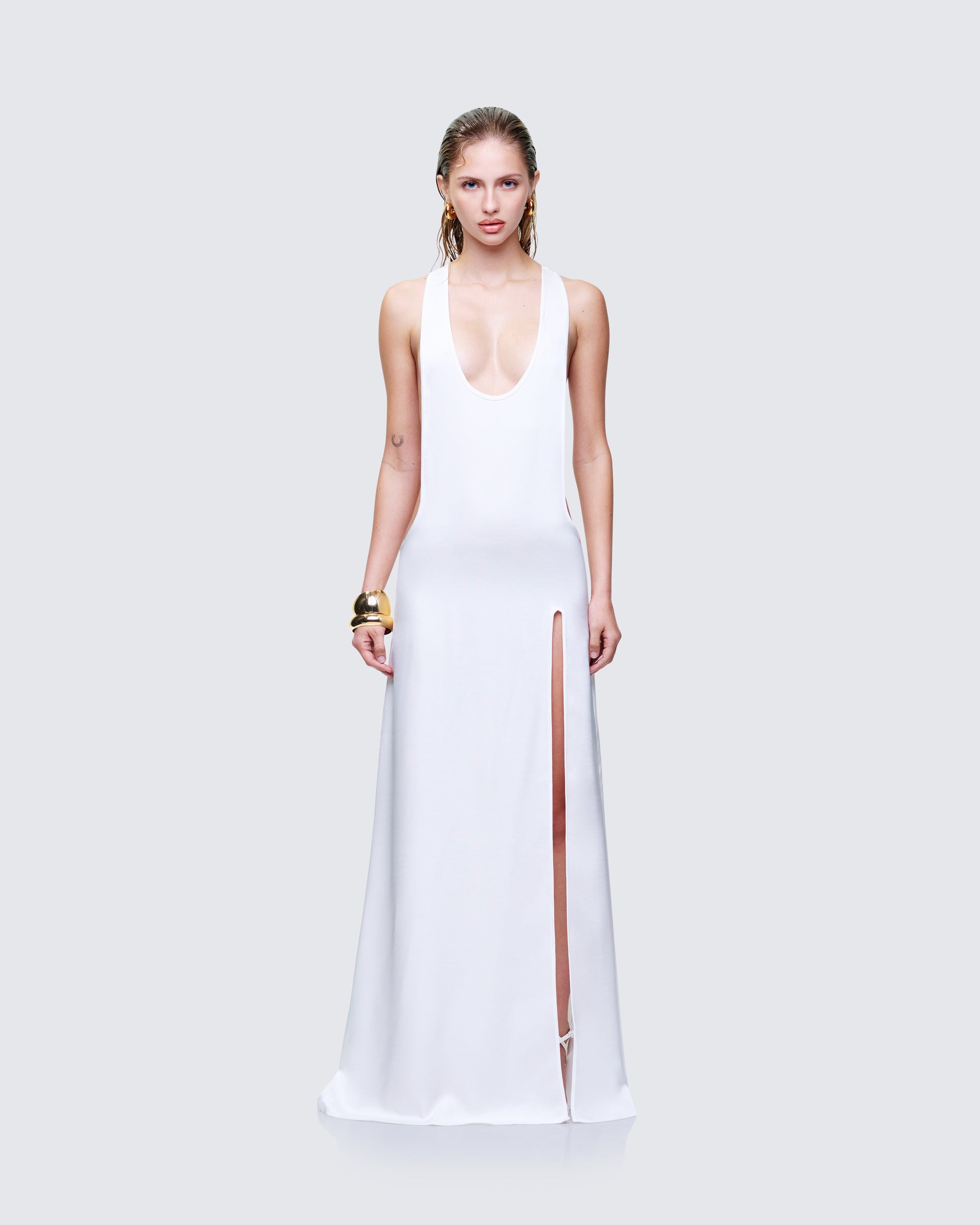 Dessa White Satin Racer Detail Maxi Dress model front